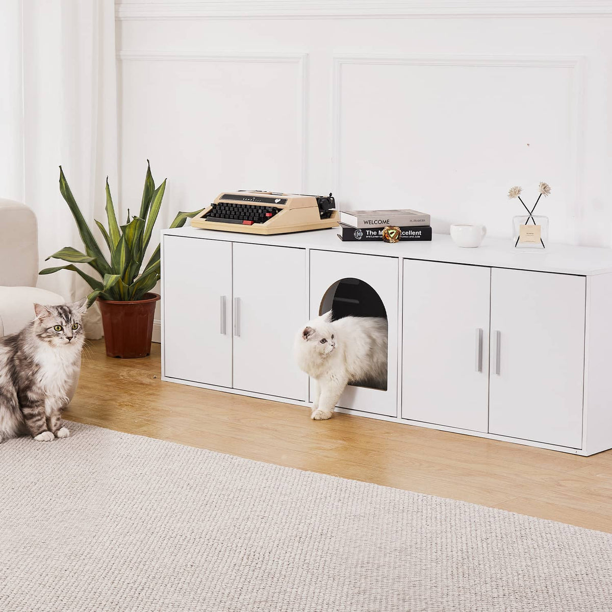 White cat litter box cabinet enclosure with central arched doorway and two side door panels