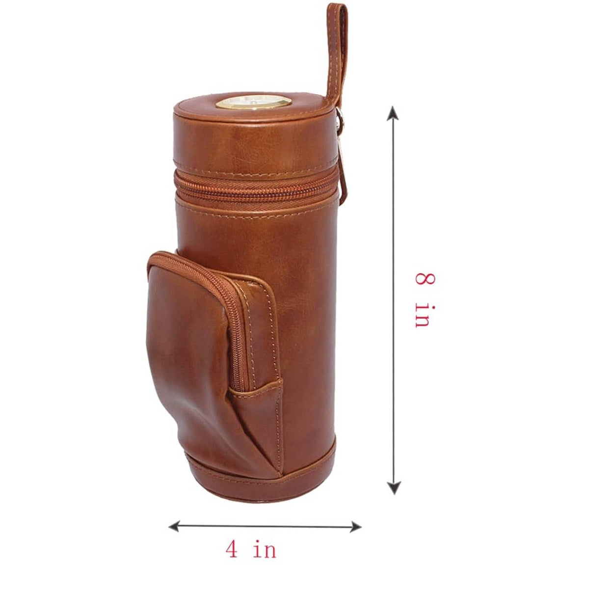 Brown leather travel cigar humidor with round top, side pouch, and carrying strap