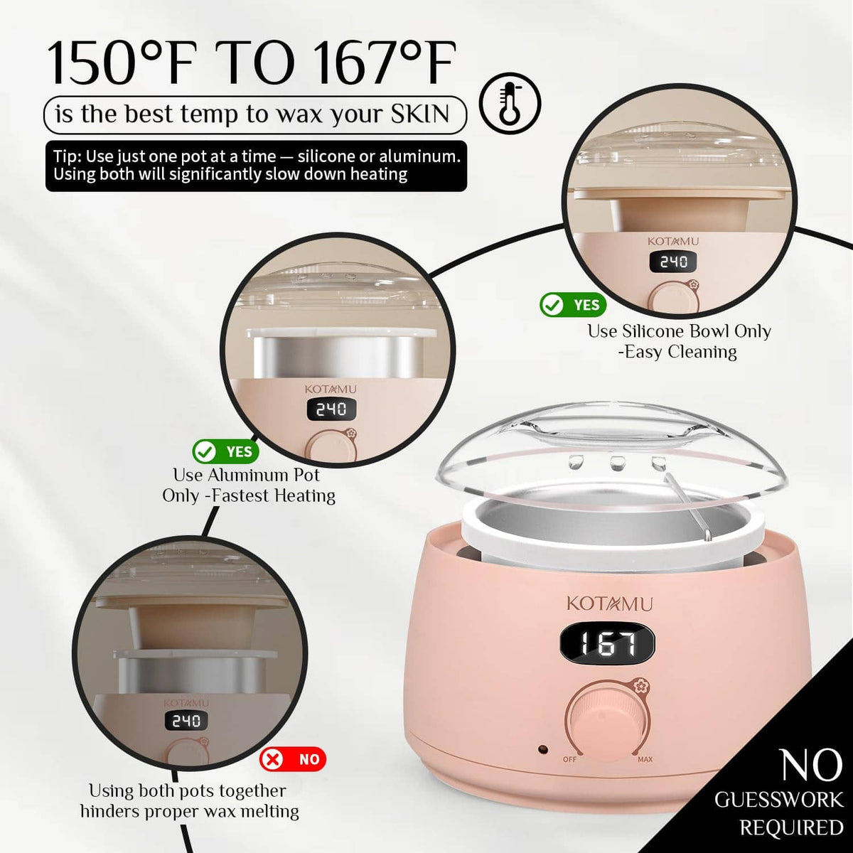 Pink hard wax warmer shown with temperature range 150°F–167°F guidance