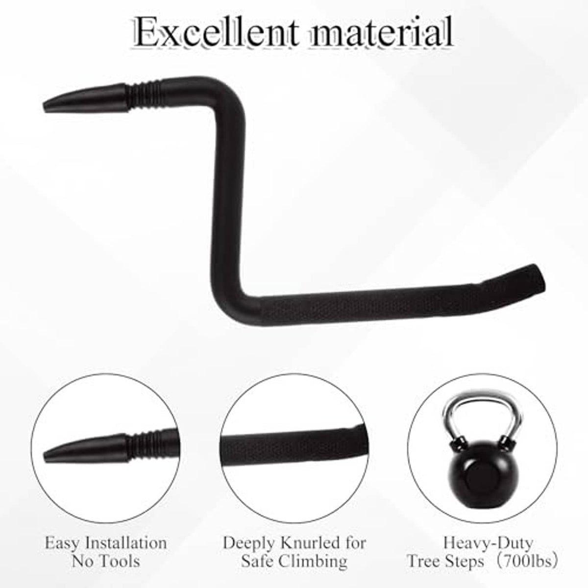 Black knurled screw-in tree step with textured grip and heavy-duty steel body