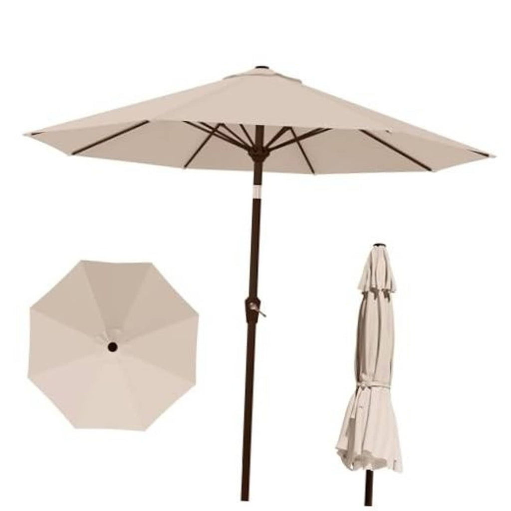 Beige round patio market umbrella with open canopy and dark center ribs