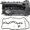 Black valve cover with gasket and mounting hardware, engine cover assembly