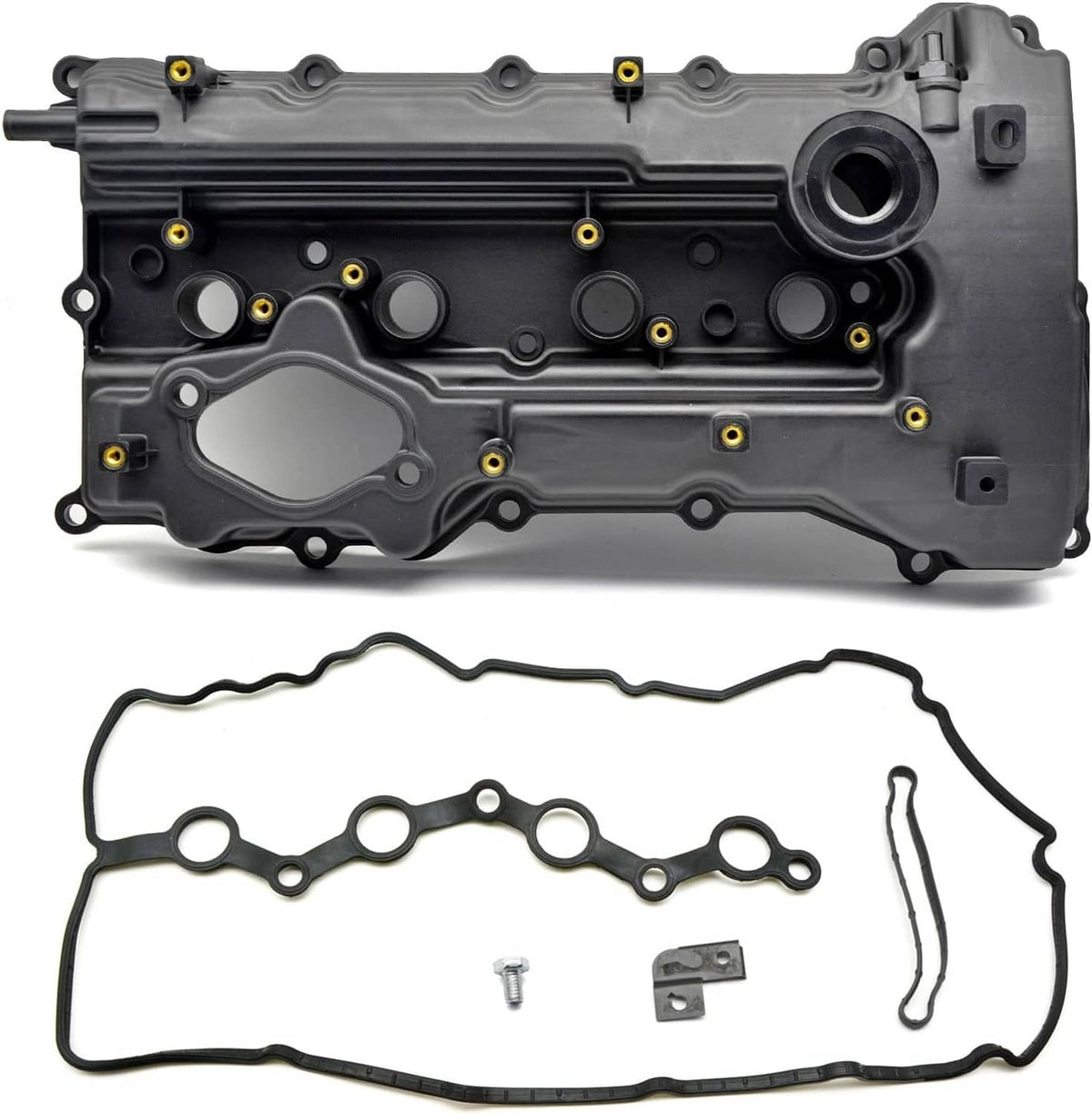 Black valve cover with gasket and mounting hardware, engine cover assembly