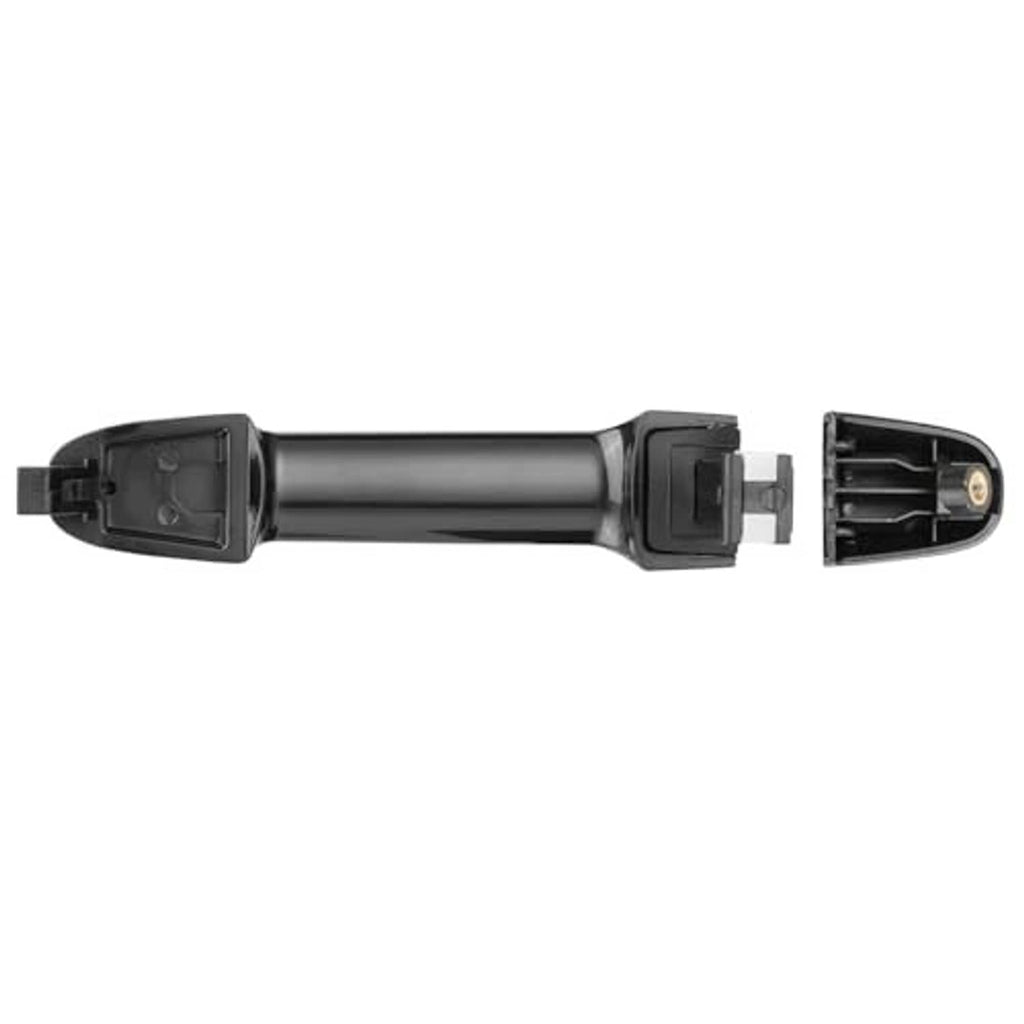 Exterior door handle assembly with mounting housings, dark black plastic.