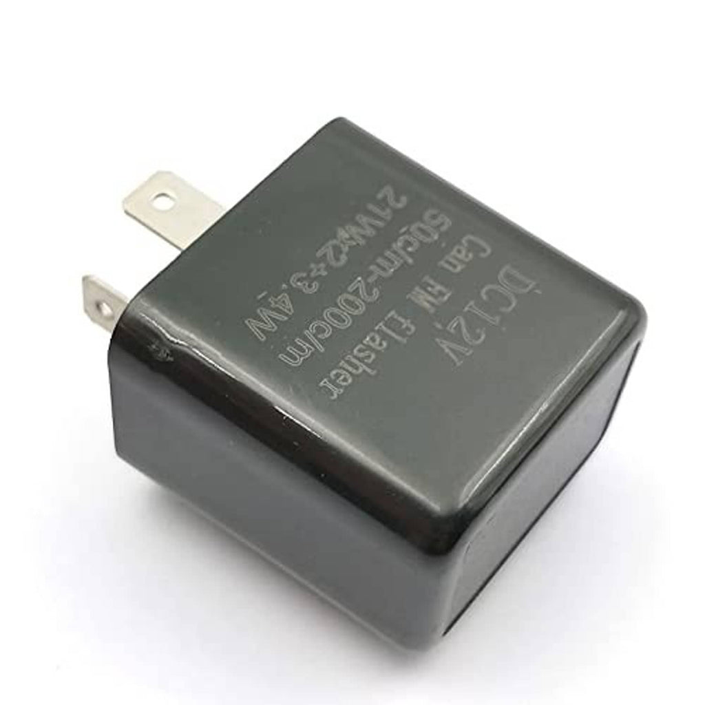 Compact 12V flasher relay with dark gray housing and two exposed mounting lugs
