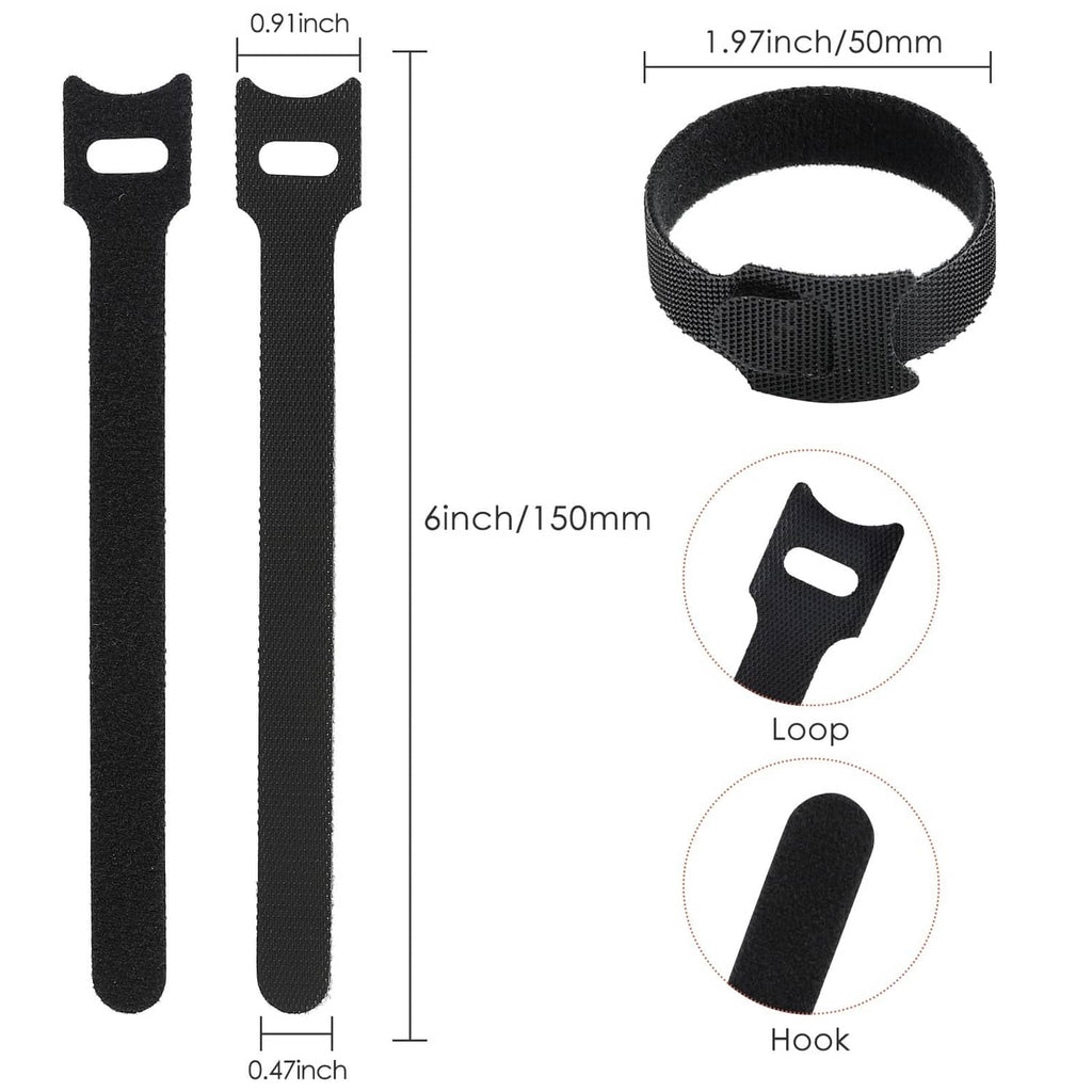 6-inch black reusable cable ties showing loop and hook ends, with size markers