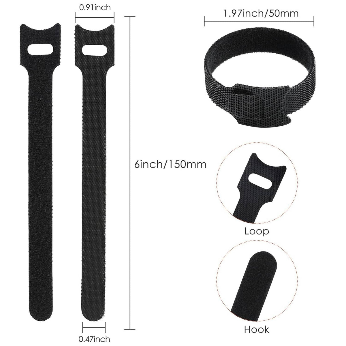 6-inch black reusable cable ties showing loop and hook ends, with size markers