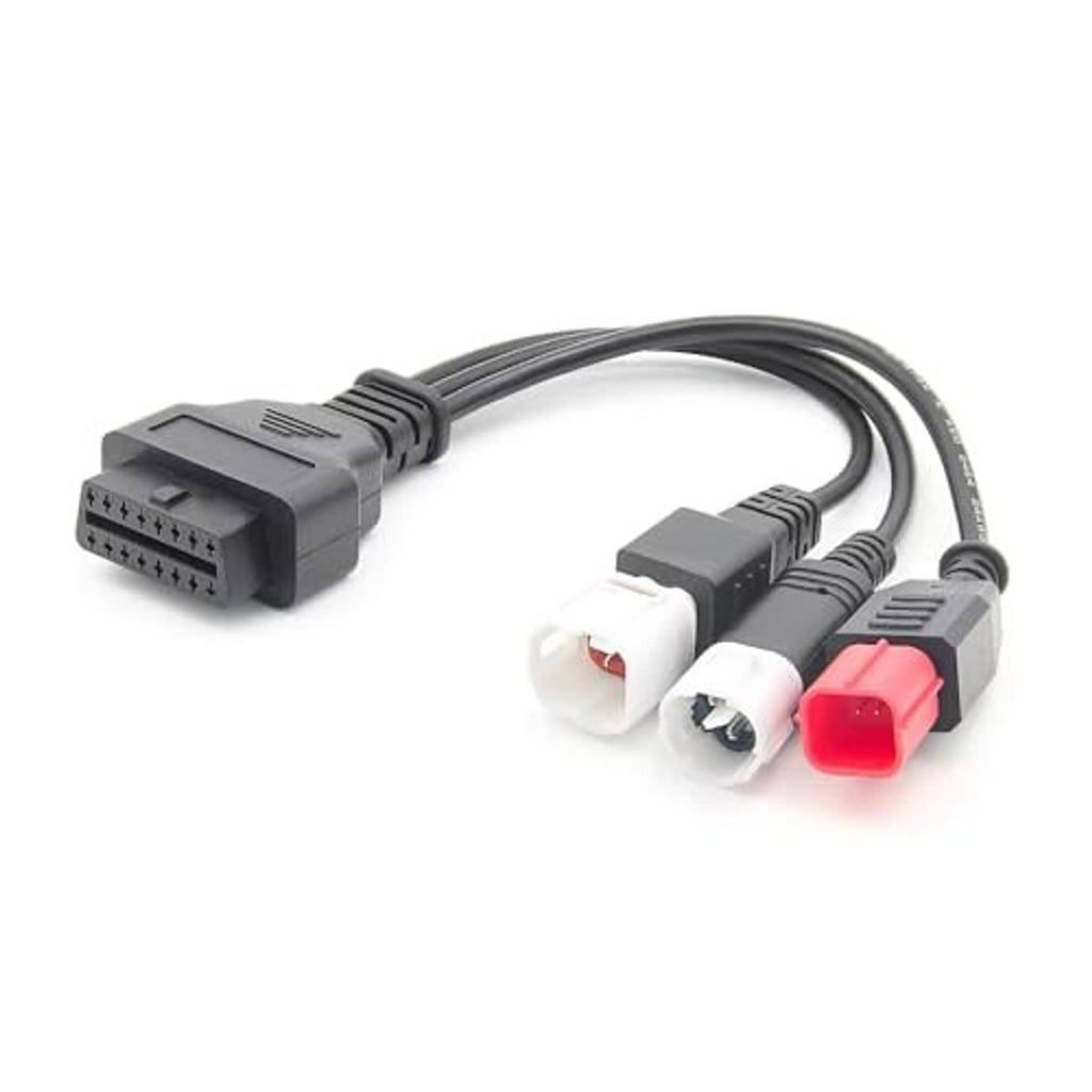 3-in-1 motorcycle OBD adapter cable with red 4-pin and white 3/6-pin connectors