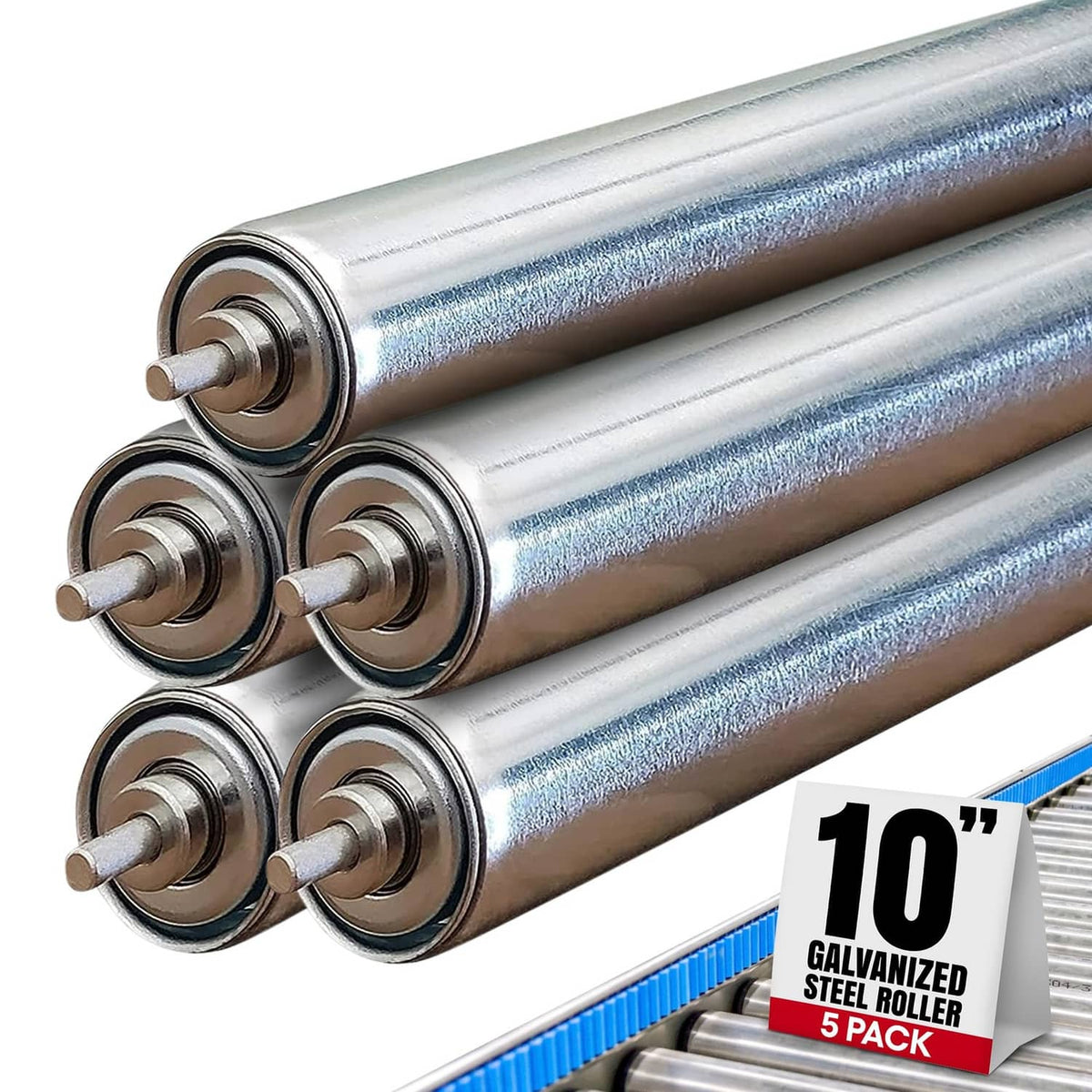 Galvanized steel conveyor rollers, 1.5" diameter, with steel axles and end caps