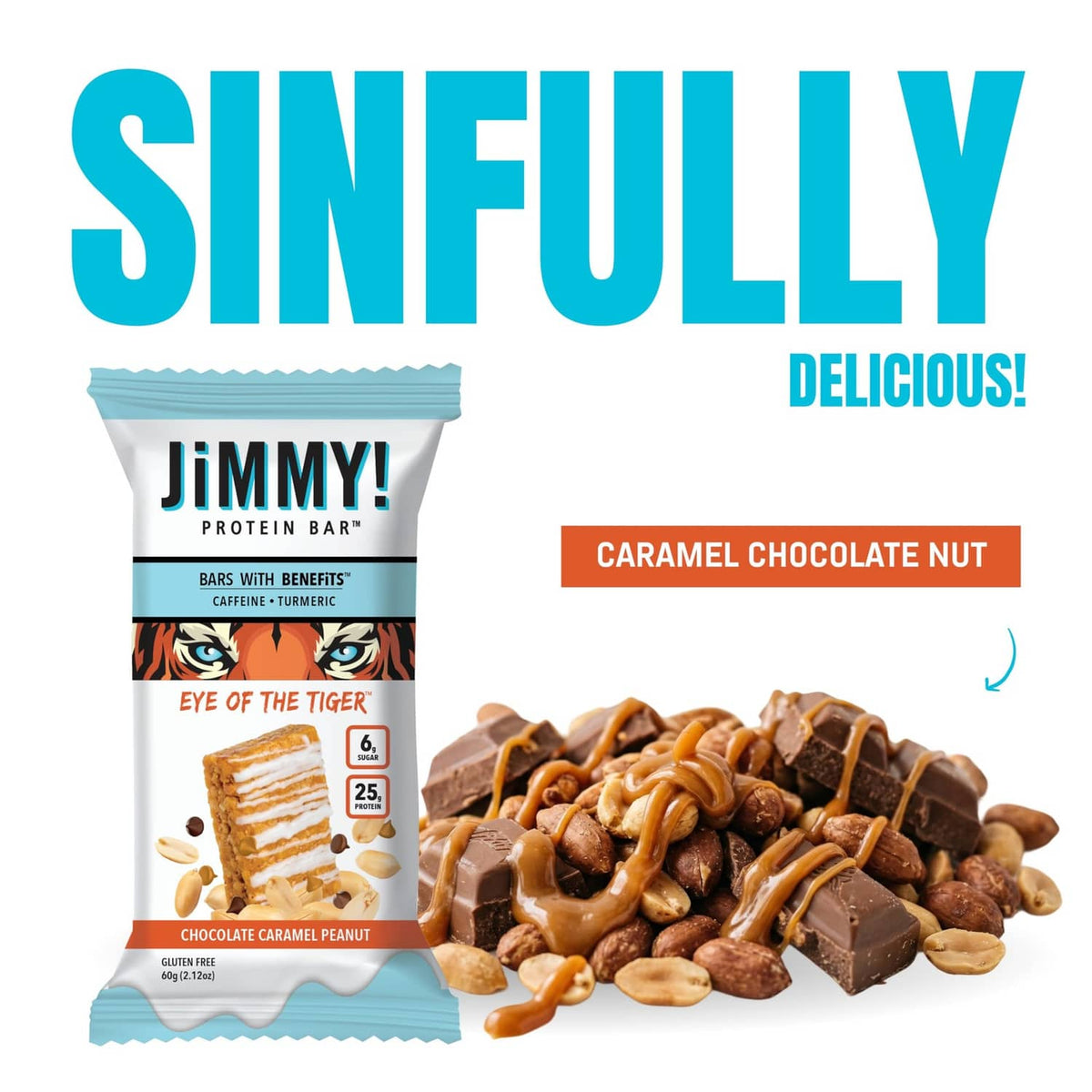 JiMMY! protein bar pouch with caramel chocolate peanut pieces, Eye of the Tiger