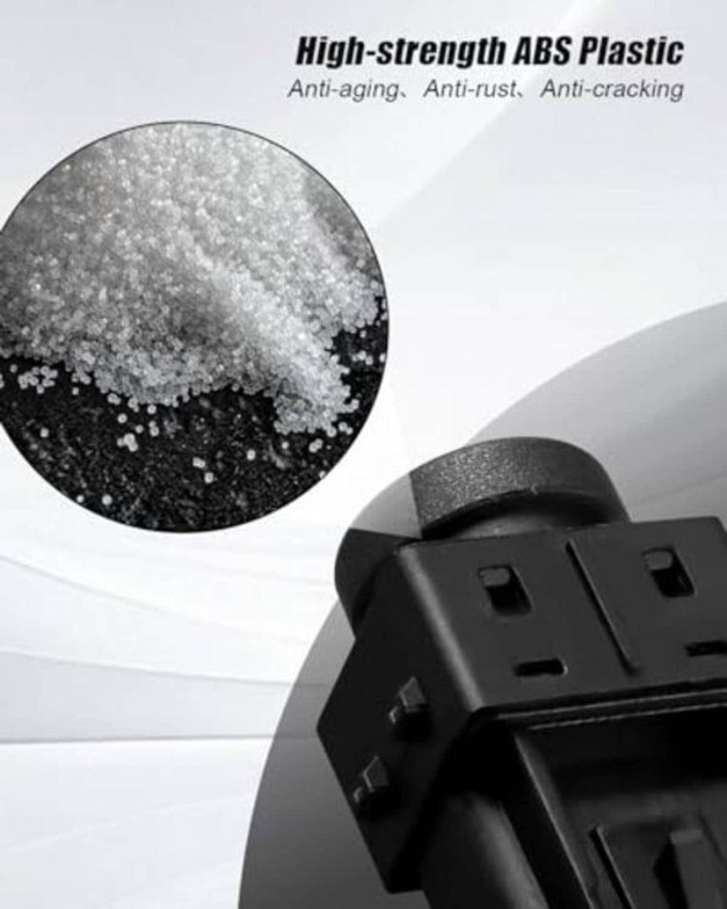 Door lock switch connector, black ABS plastic housing with mounting collar and slots