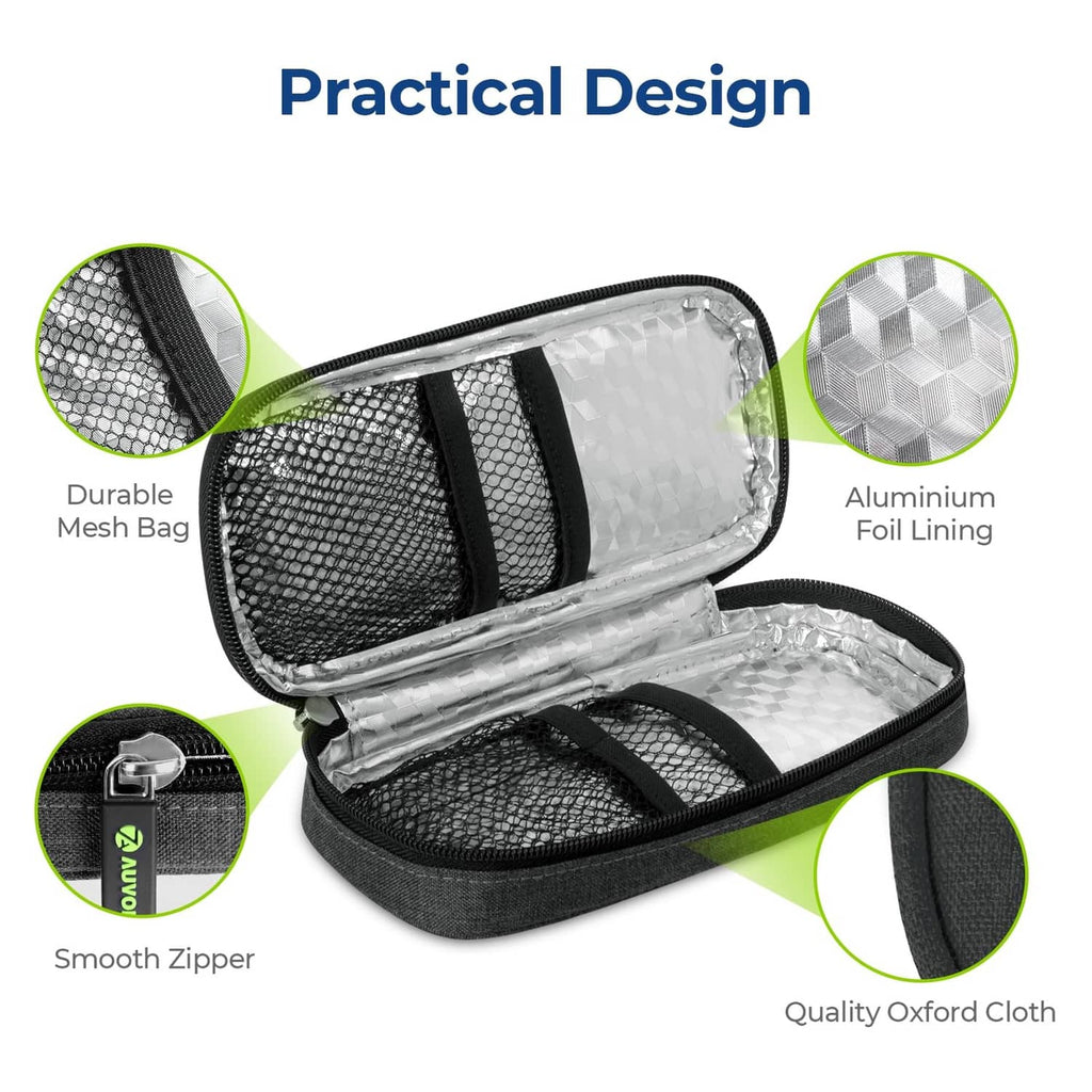 Insulin cooler travel case close-up showing mesh bag and aluminum foil lining