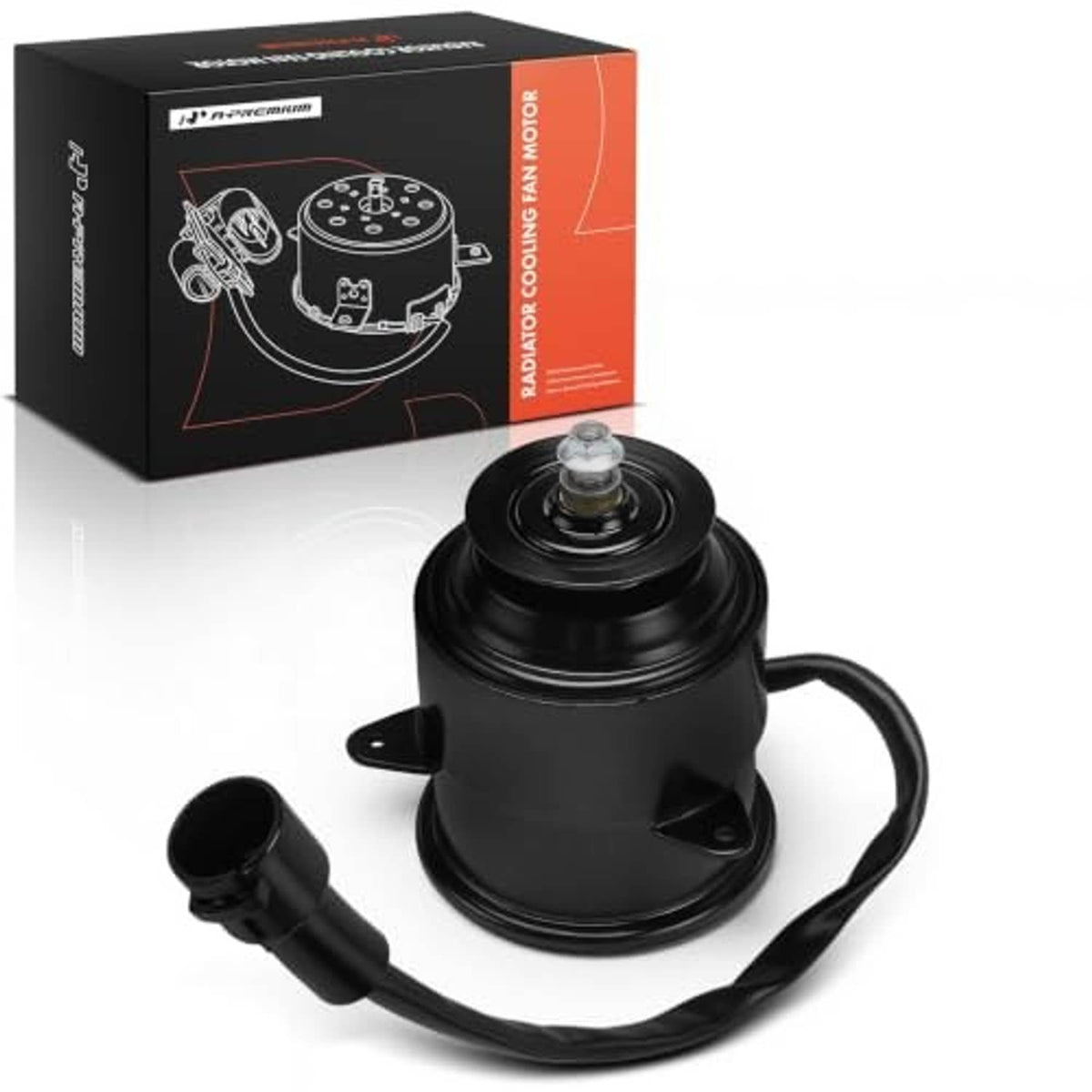 Radiator fan motor assembly with black housing and mounting tabs, plus packaged box
