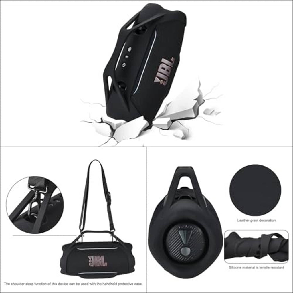 Black silicone speaker cover with rugged edges and JBL logo on textured panel