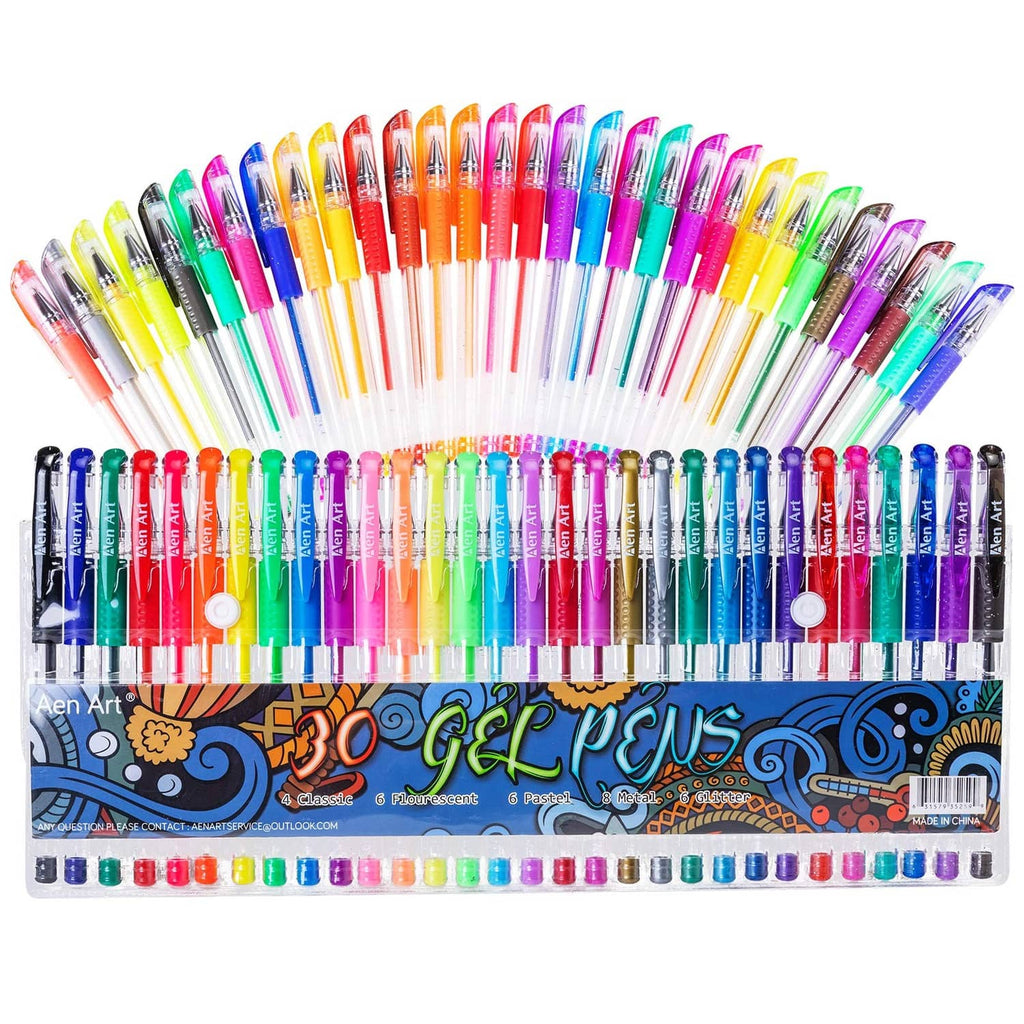 Gel pen set with 30 assorted colored pens in clear organizer tray