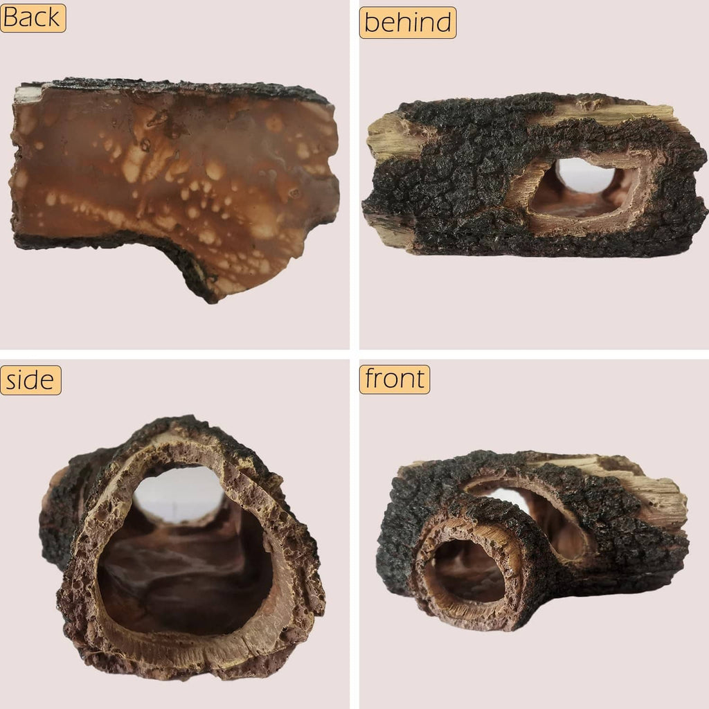Aquarium resin log decoration shown from front, side, and back with tunnel openings