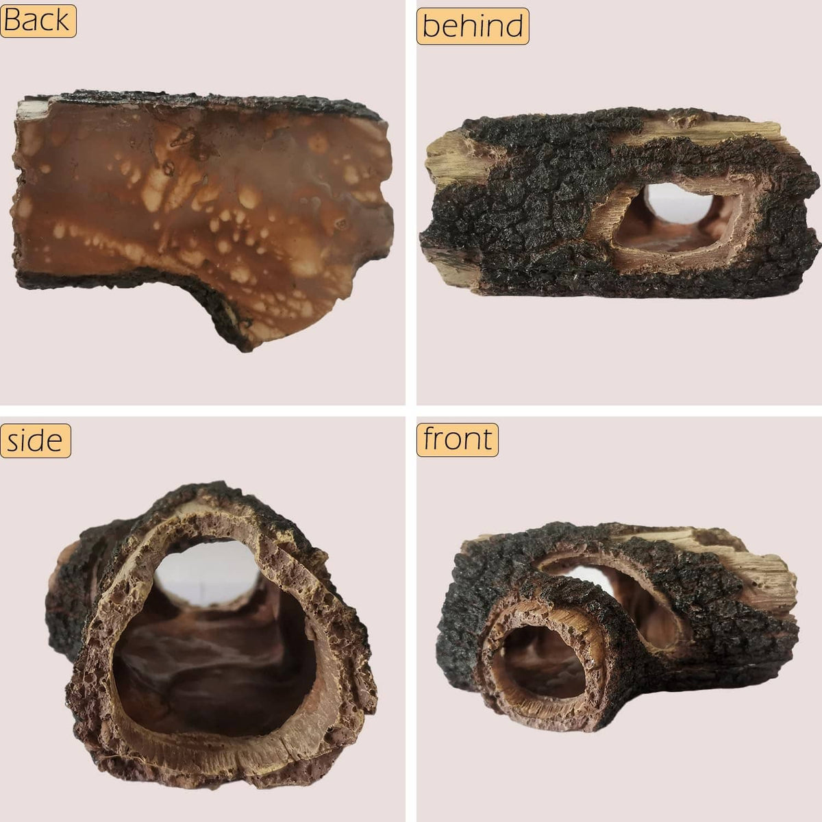 Aquarium resin log decoration shown from front, side, and back with tunnel openings