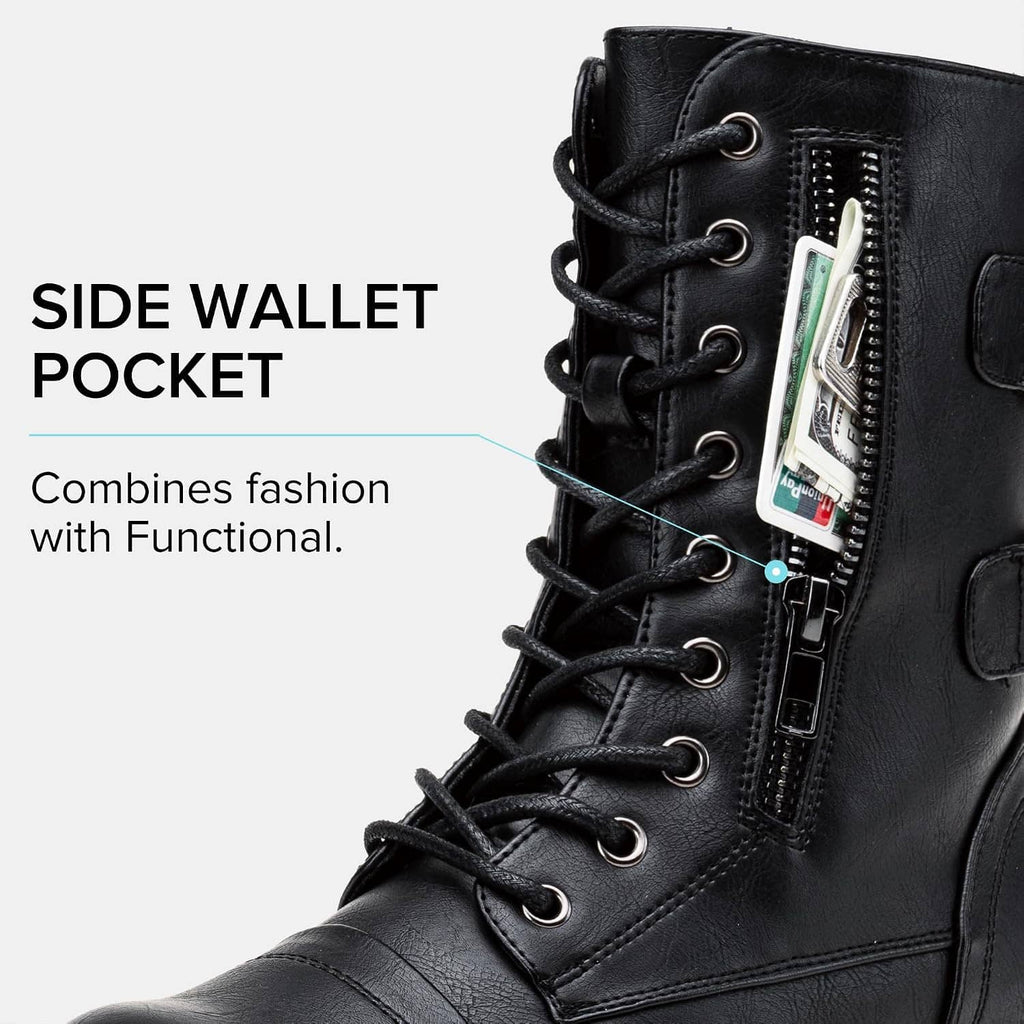 Black mid-calf combat boots with lace-up front and side zip pocket detail