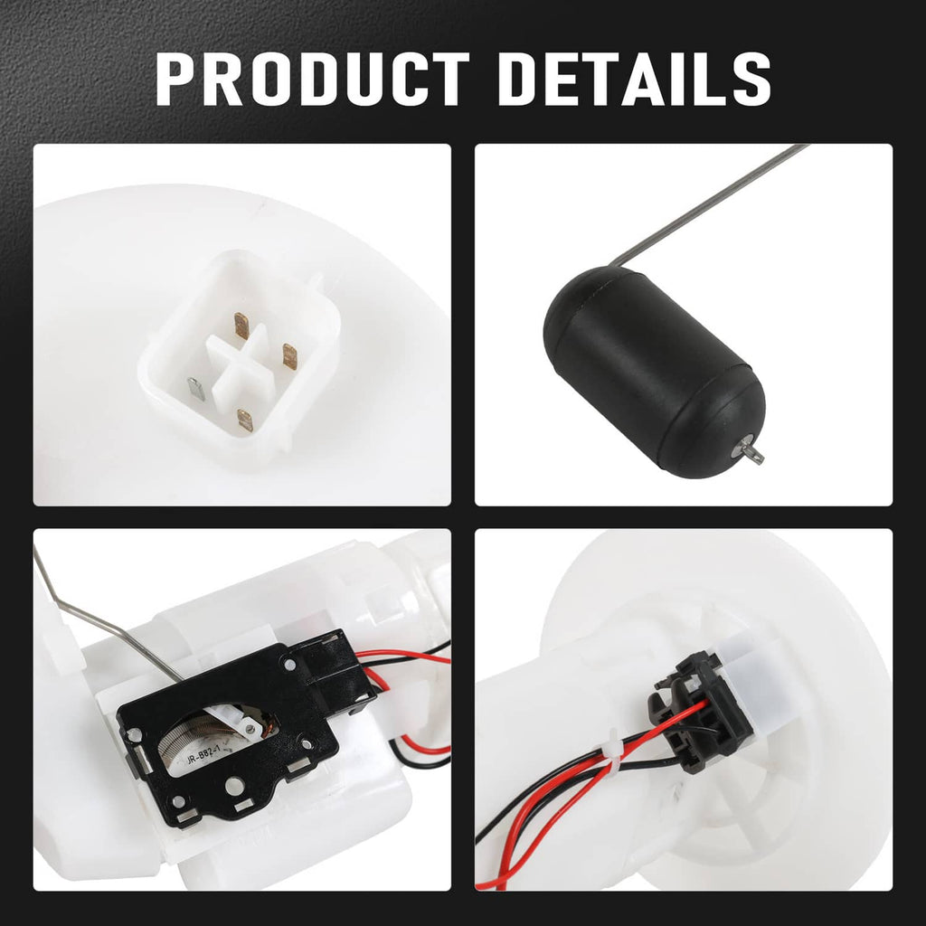 Fuel pump product detail views: white module, black cylinder, and connector wiring