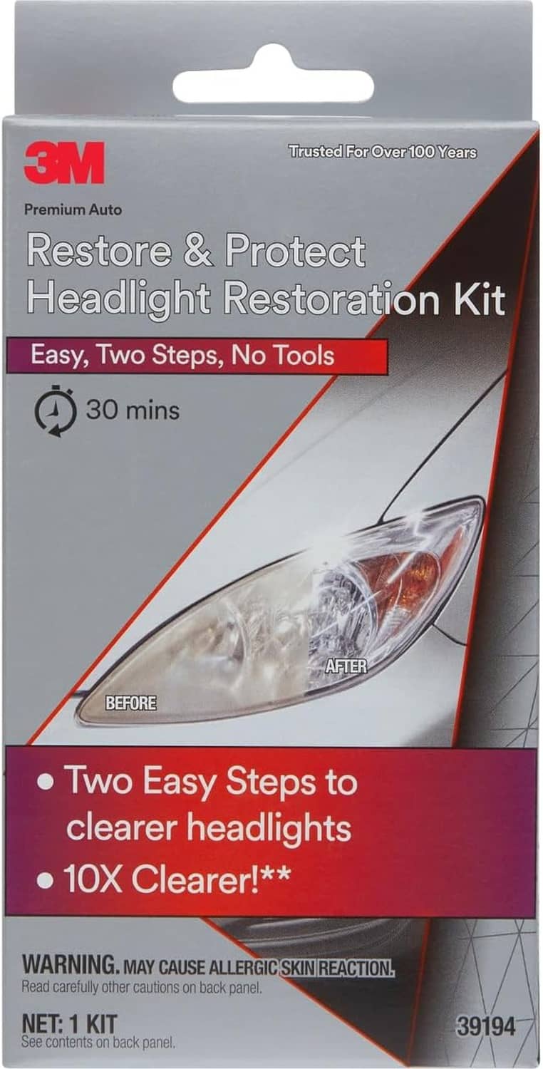 3M Restore & Protect headlight restoration kit front with before/after headlight graphic