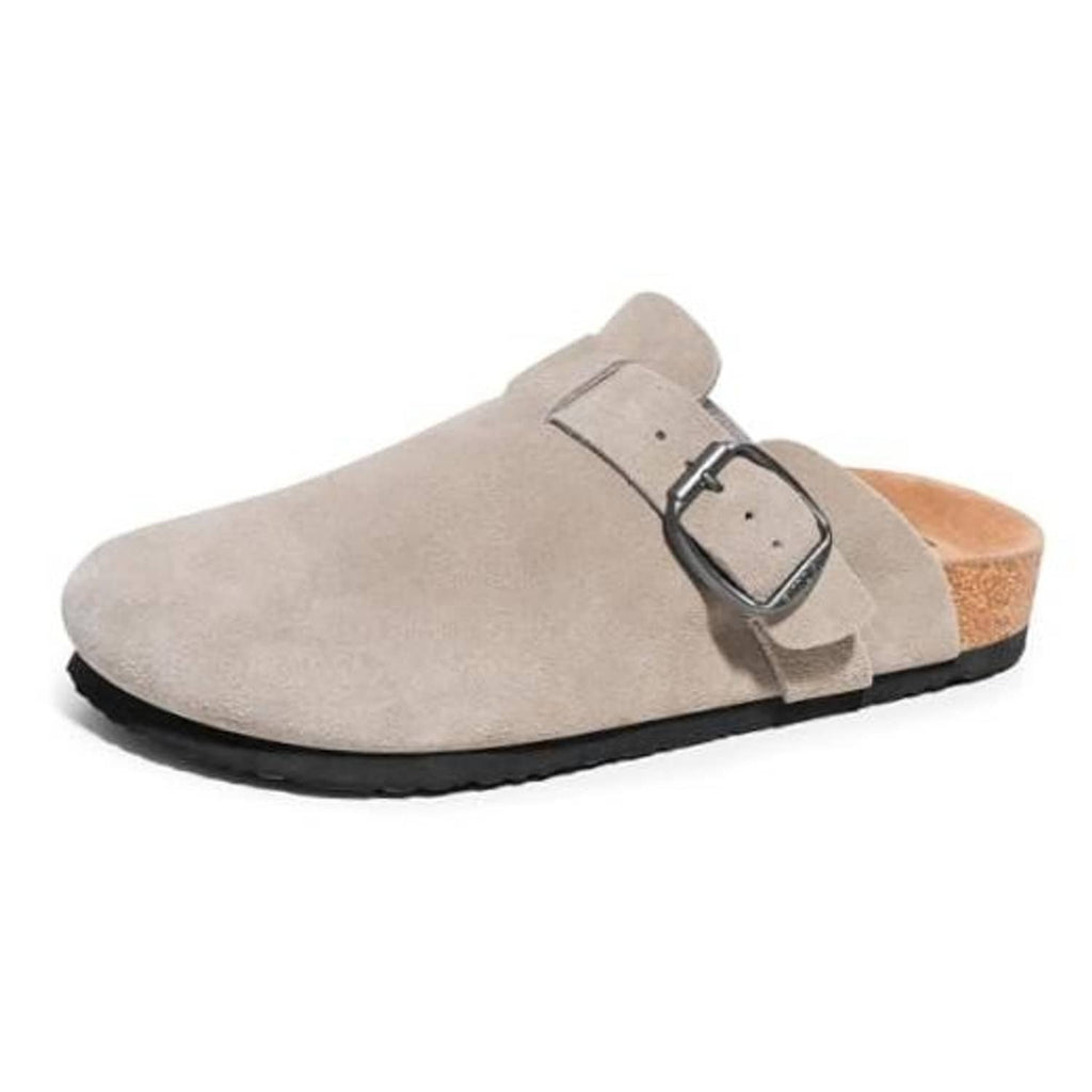 Men's taupe suede slip-on clogs with metal buckle strap and black sole