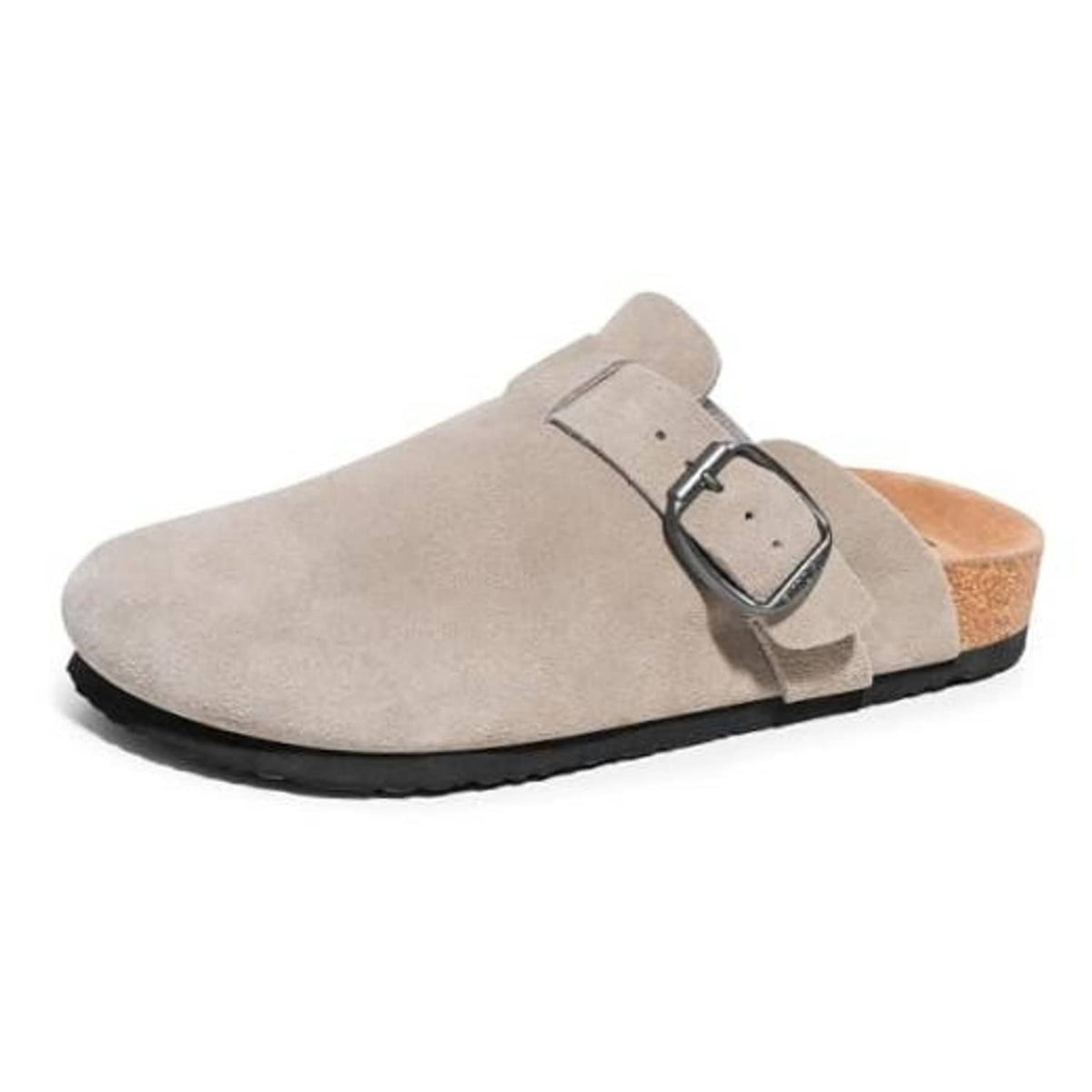 Men's taupe suede slip-on clogs with metal buckle strap and black sole