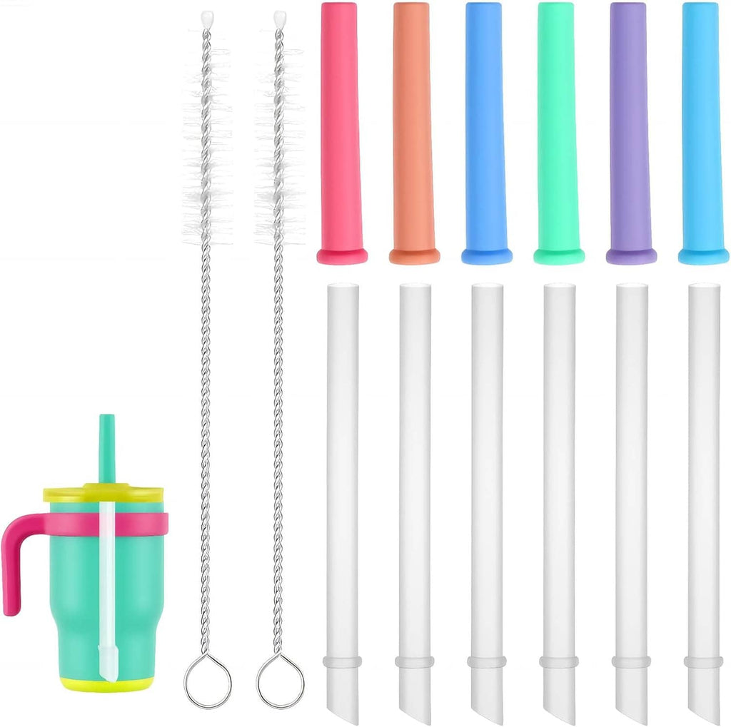 Colorful spill-proof straw replacements with white stems and two included cleaning brushes