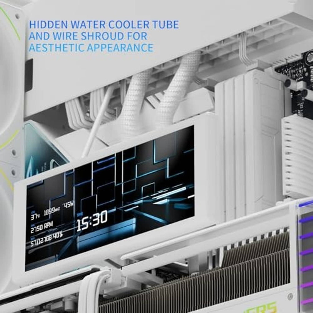 White ATX gaming PC case with LCD display and GPU cover opening