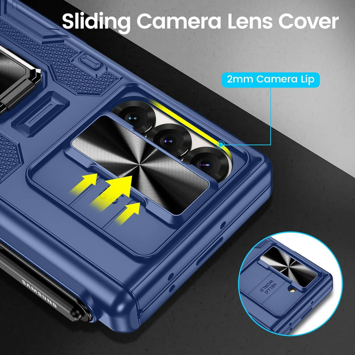 Blue fold phone case close-up with sliding camera lens cover and raised protection