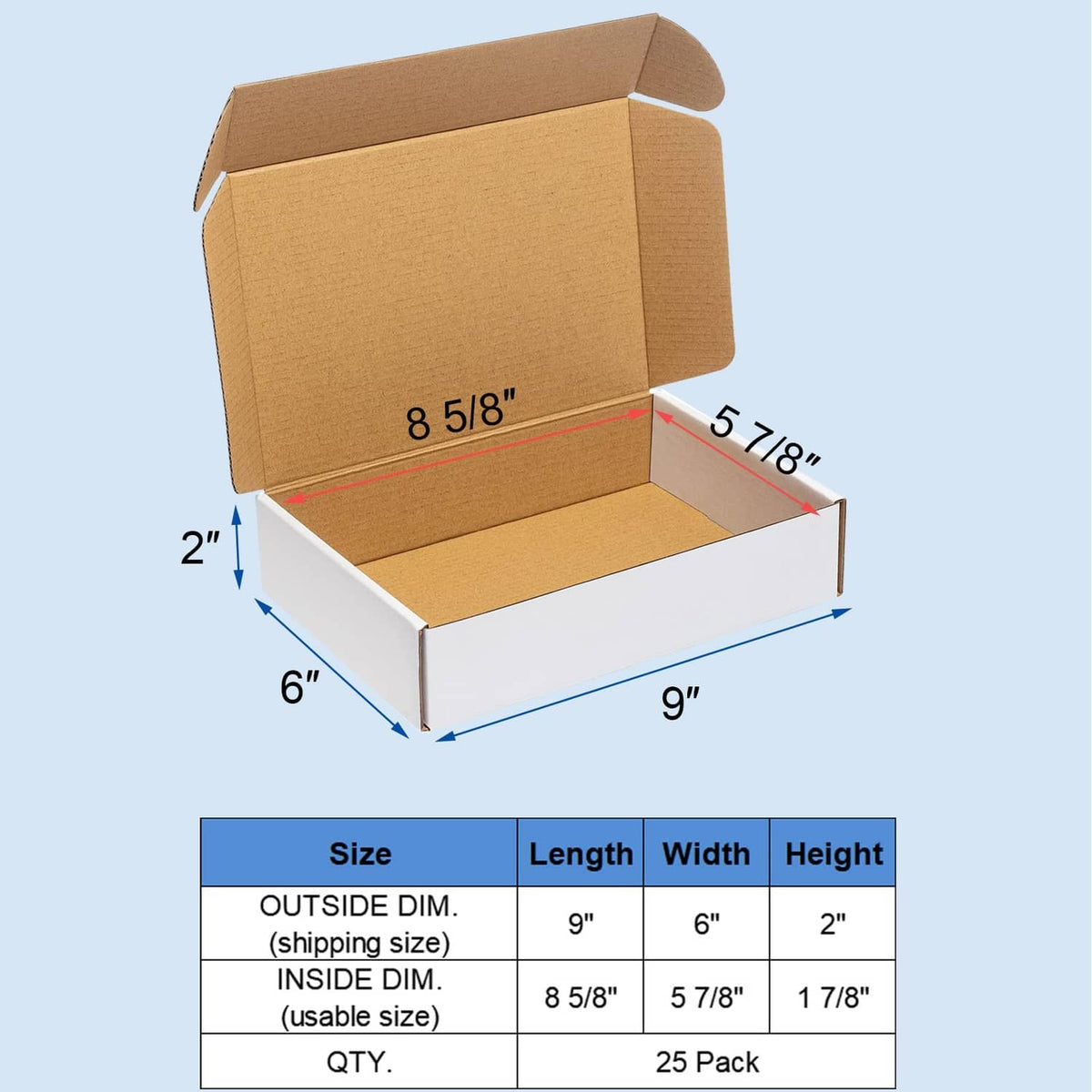 Corrugated shipping box with open lid, 9x6x2 in size shown