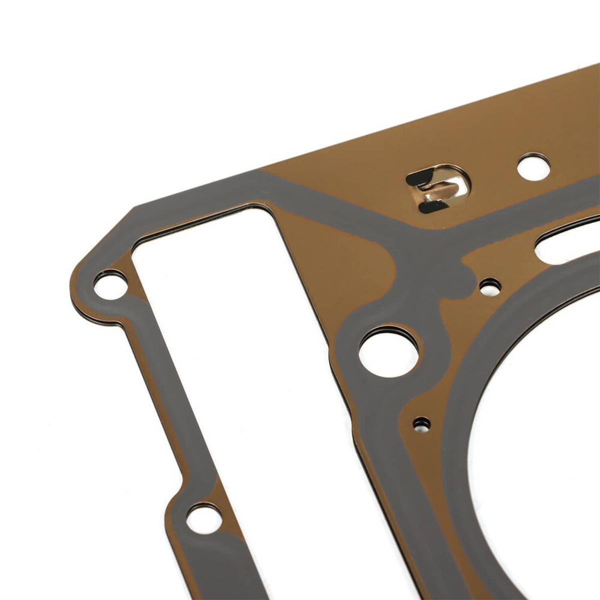 Metal cylinder head gasket seal with bolt holes, dark gray and bronze finish