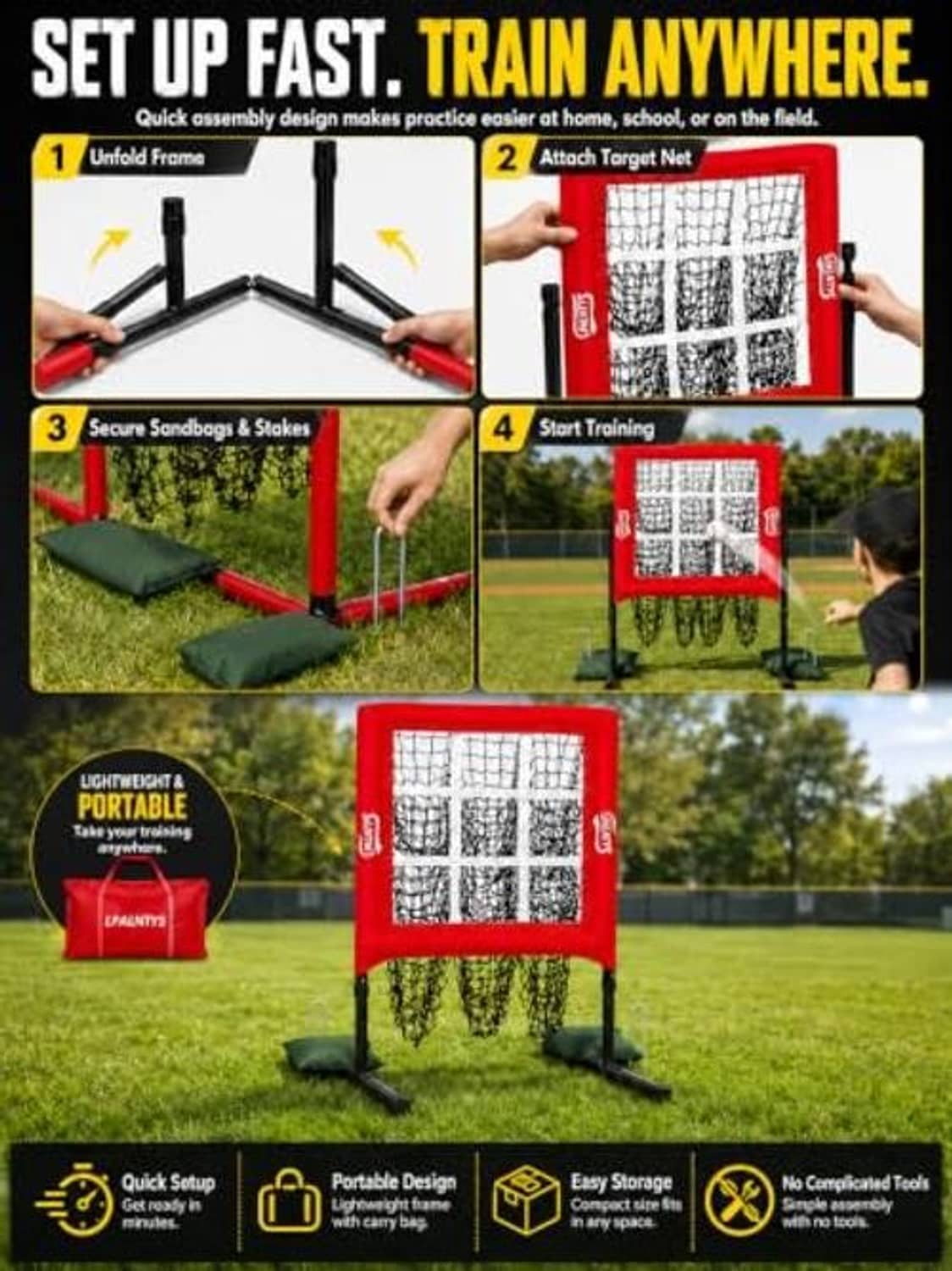 Portable red pitching target net with foldable frame and included sandbags for setup