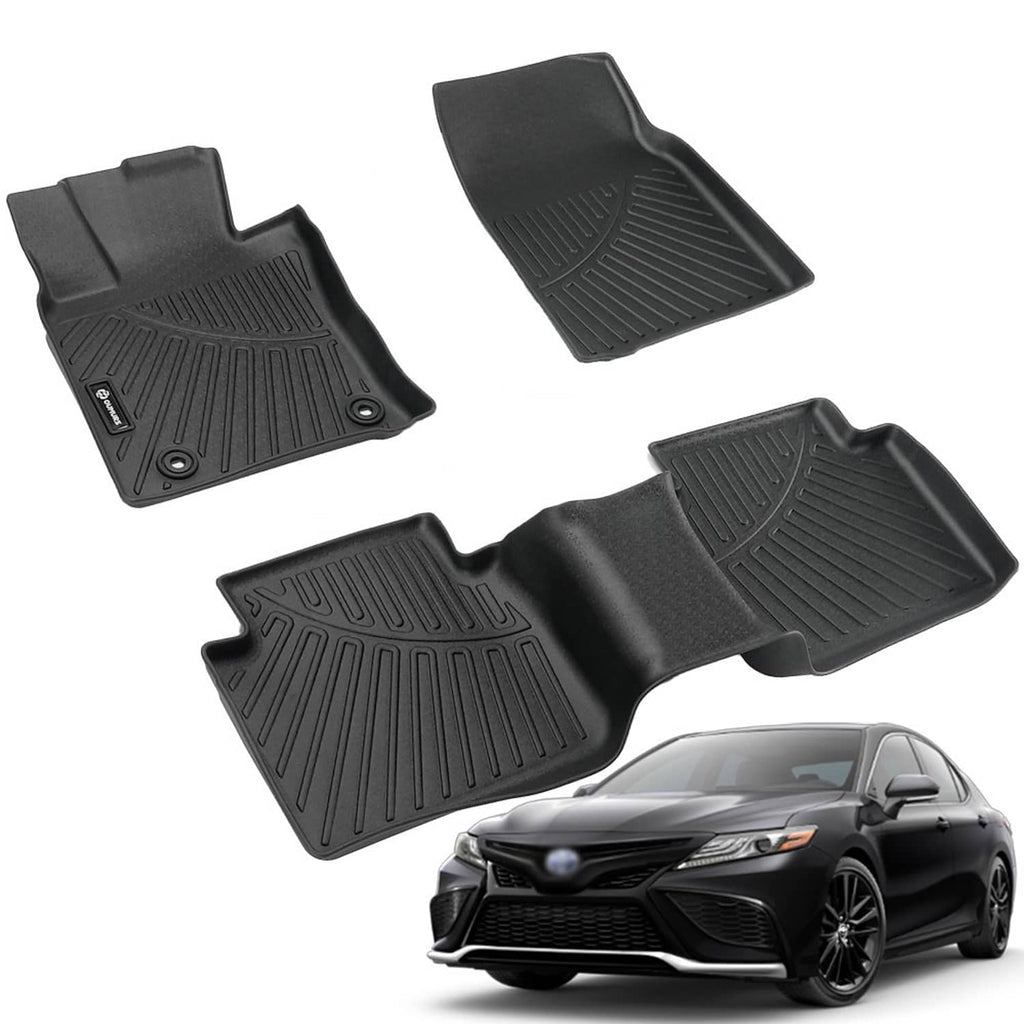 Black TPE all-weather floor liner mats with raised channels and anchor grommets
