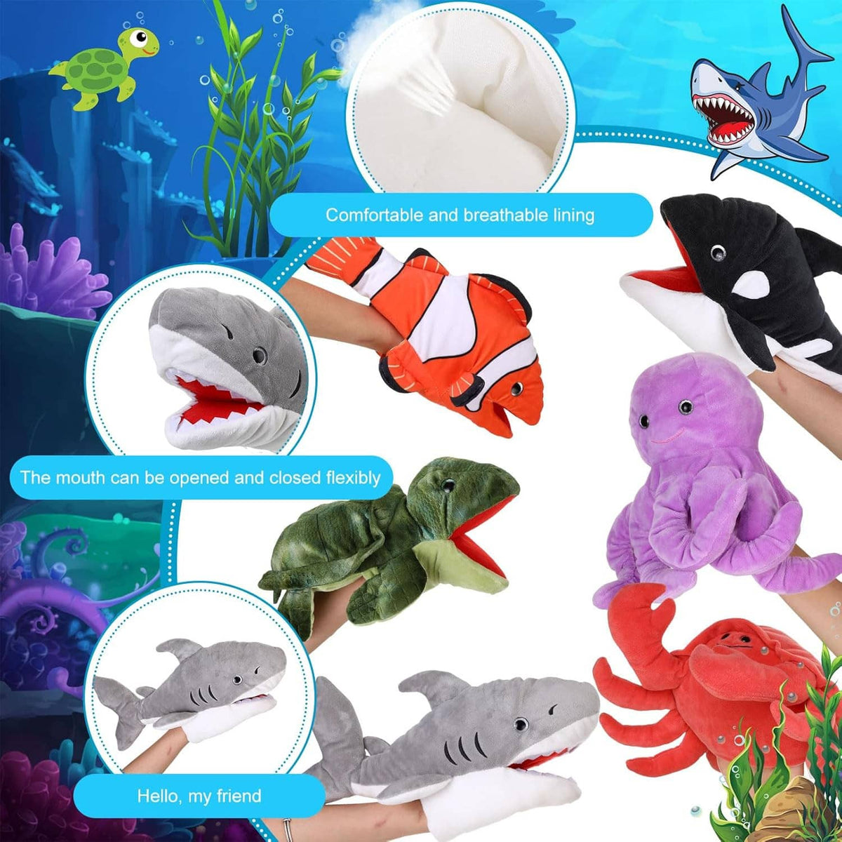 Animal hand puppets on hands: clownfish, black shark, purple octopus, turtle, gray whale