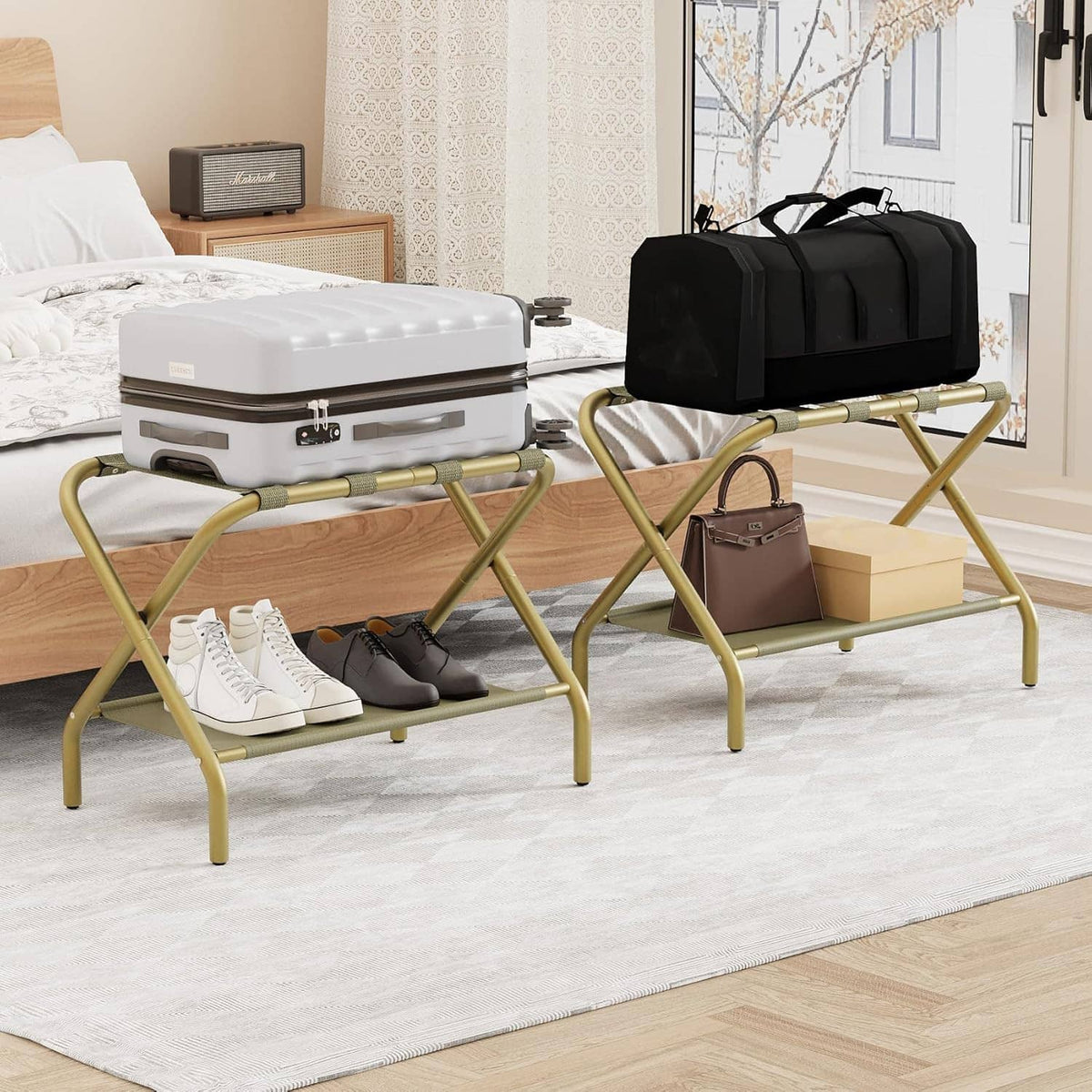 2-piece foldable luggage rack set with gold frames and fabric shelves in a living room.
