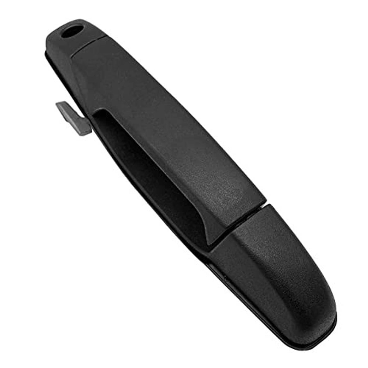 Black exterior front driver-side door handle with curved ergonomic grip