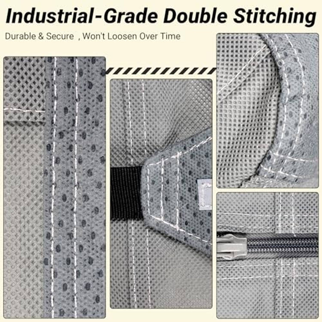 Gray RV cover with double-stitched seams and reinforced edge stitching detail