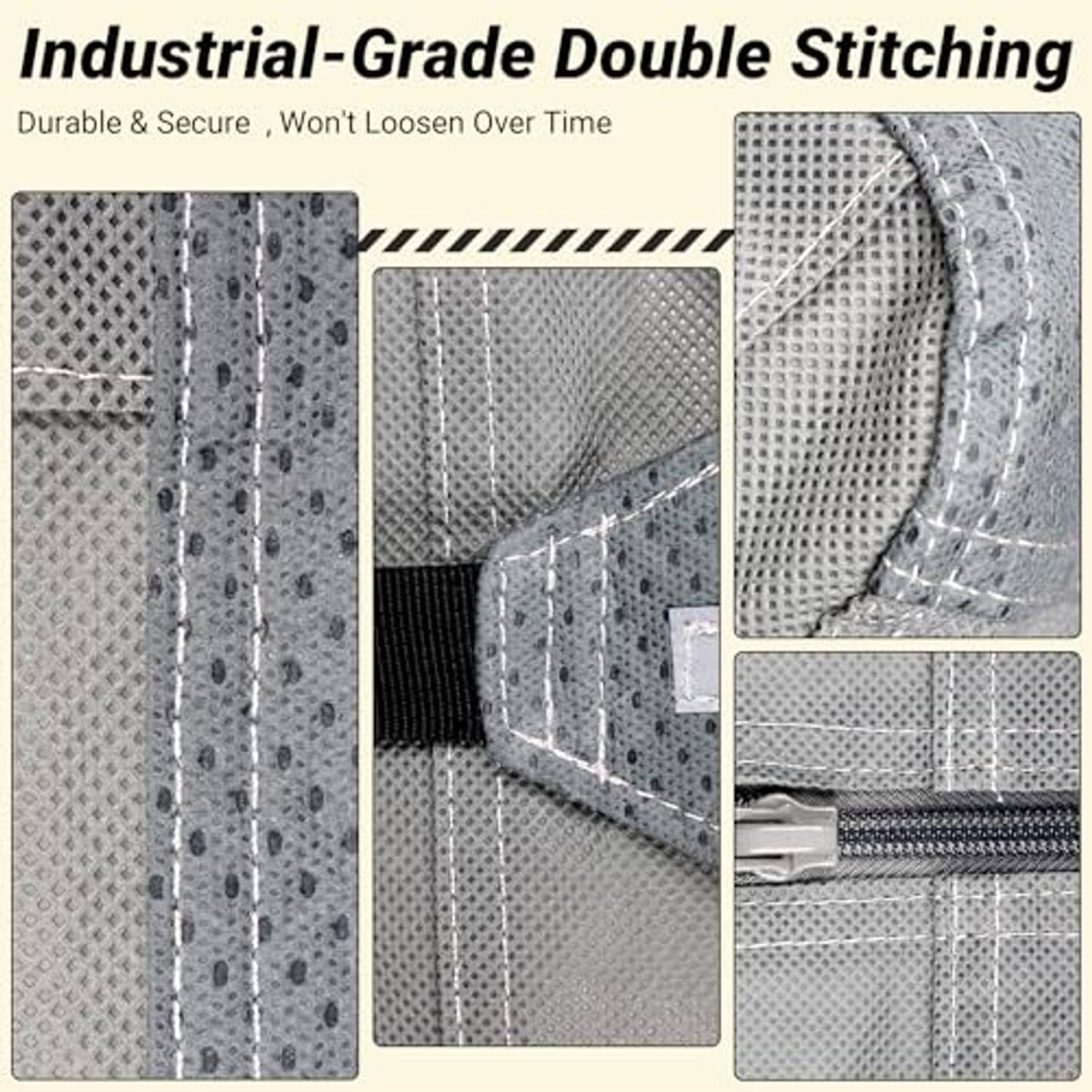 Gray RV cover with double-stitched seams and reinforced edge stitching detail