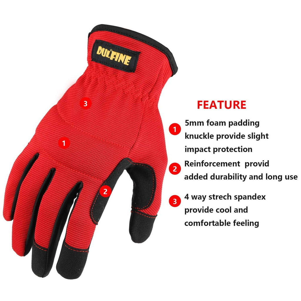 Red work glove with foam knuckle padding, reinforced palm, and 4-way stretch spandex