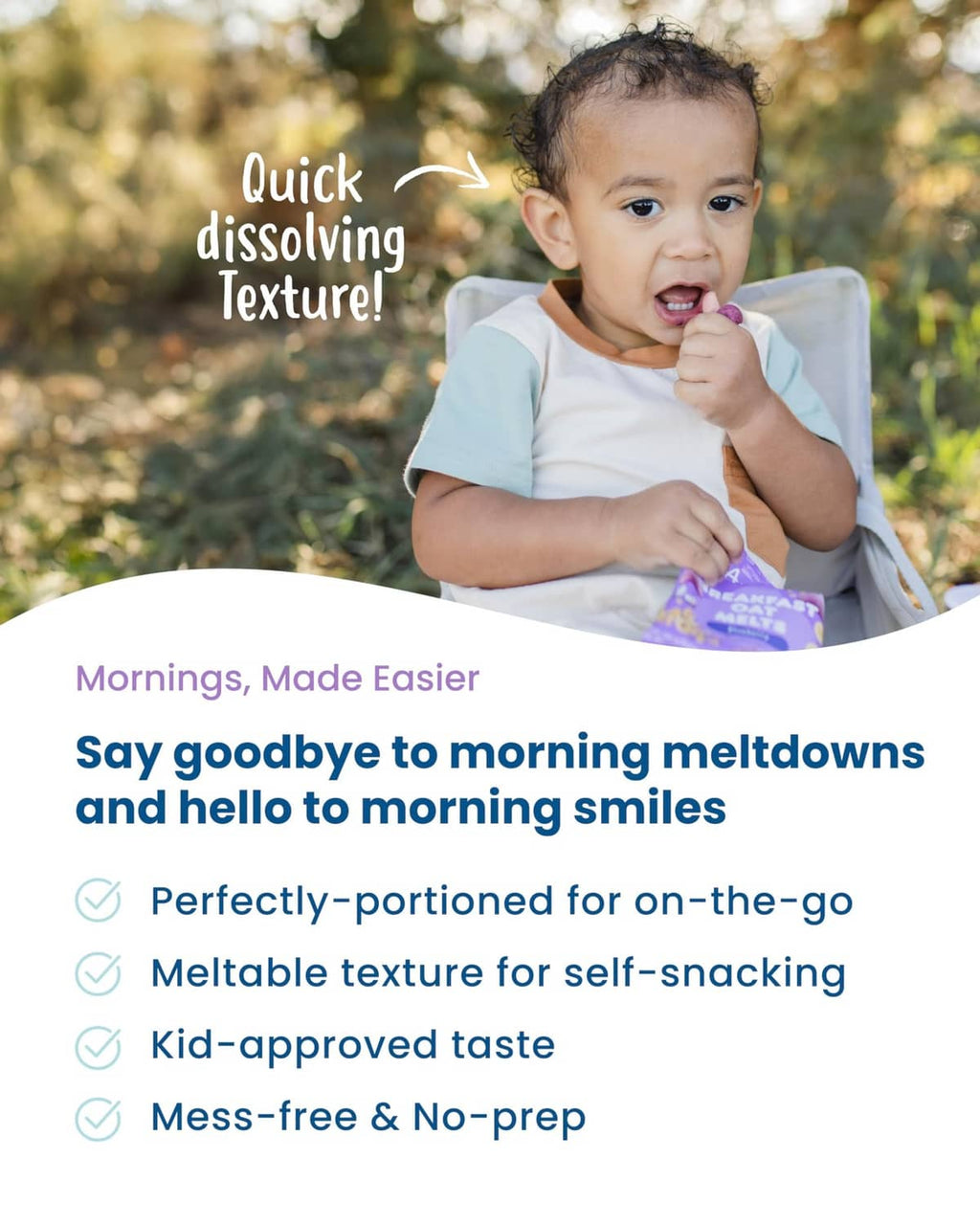 Toddler eating purple oat melts from a snack pouch outdoors