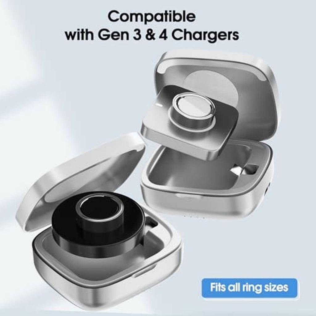 Gray Oura Ring charging case with open lid and centered ring charging cradle
