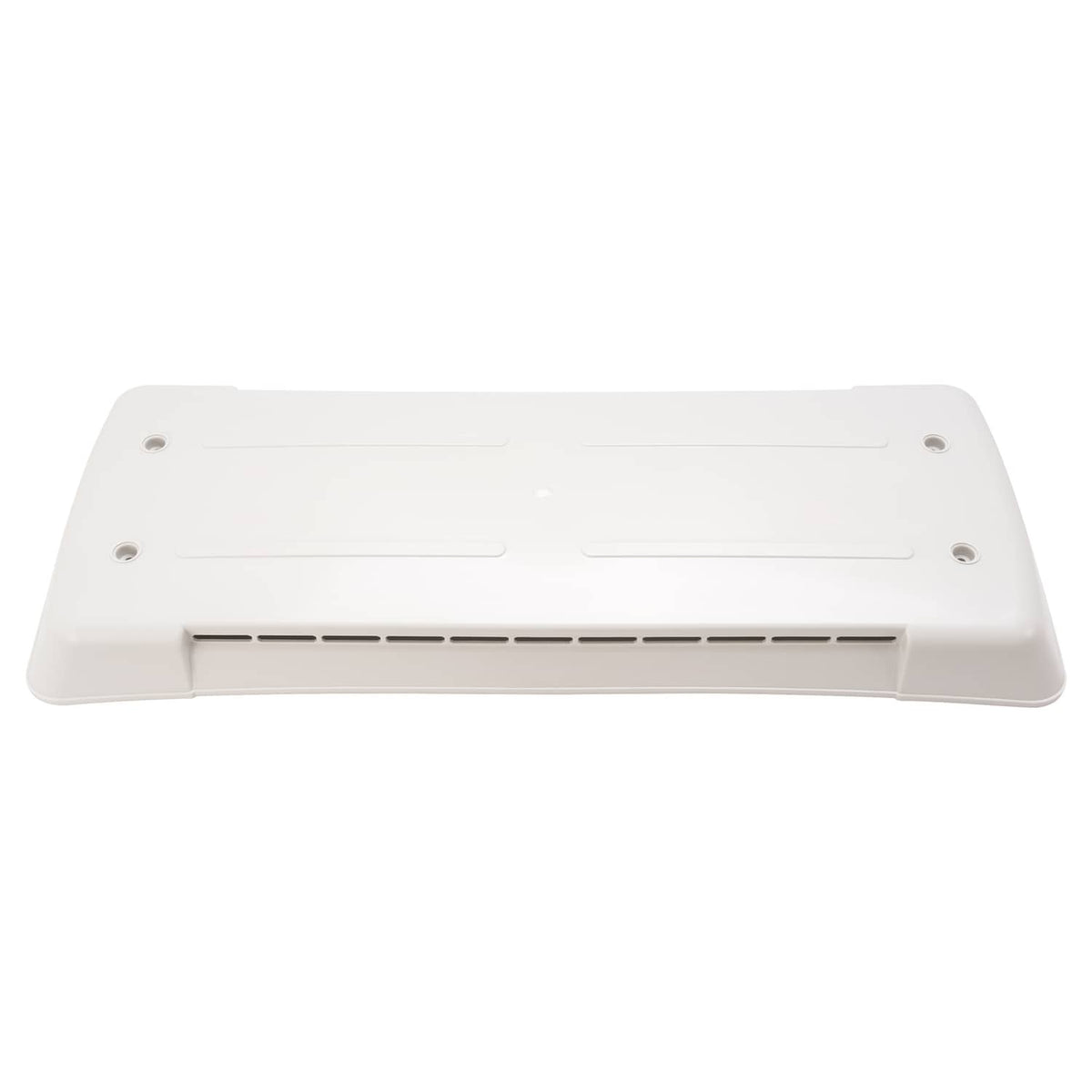 White refrigerator vent cover back view with centered louvered vent opening