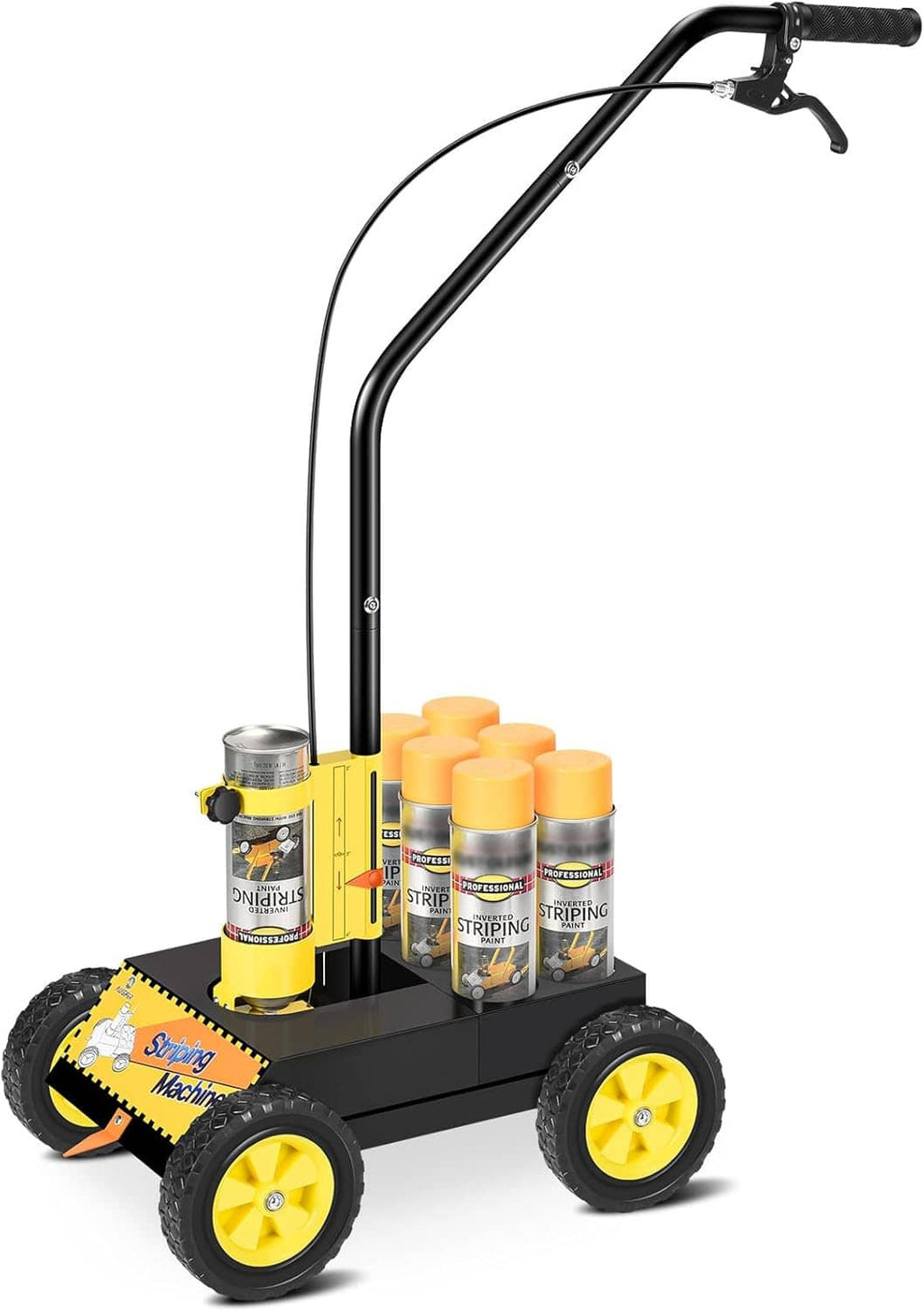 Front view of yellow and black line striping machine with paint cans and tread wheels