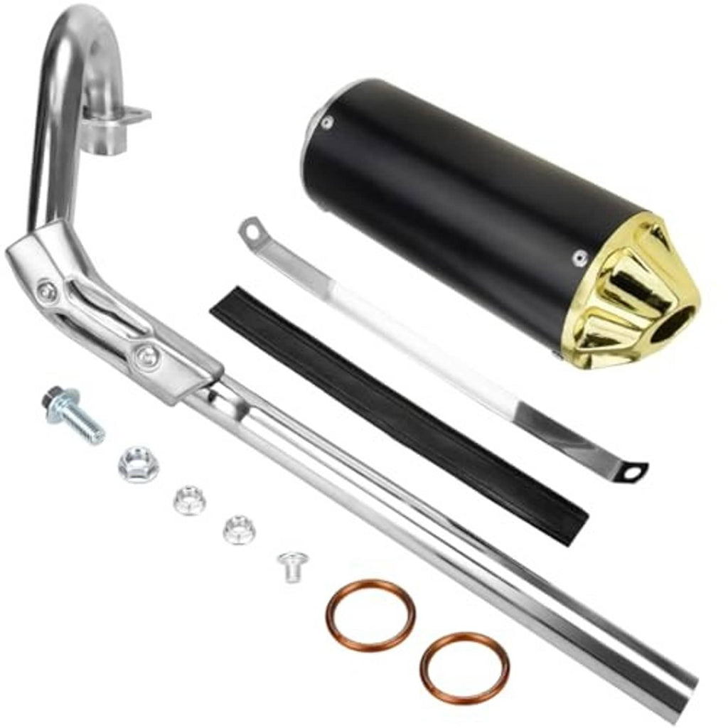 Exhaust muffler silencer assembly kit: black muffler body, gold end cap, chrome mounting parts