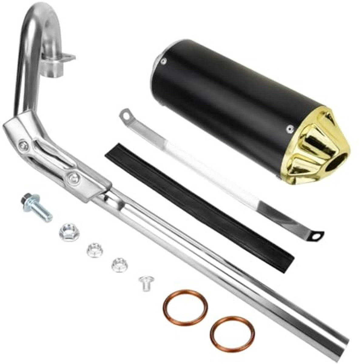 Exhaust muffler silencer assembly kit: black muffler body, gold end cap, chrome mounting parts