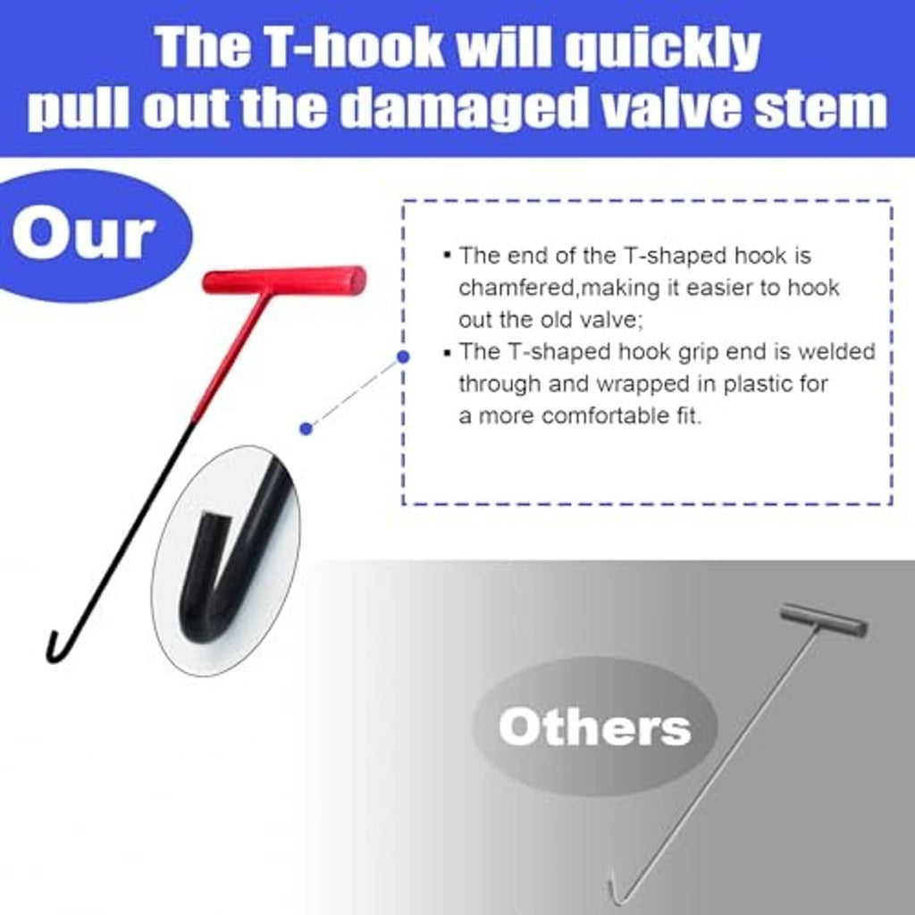 T-handle T-hook tool with red grip for pulling out tire valve stems