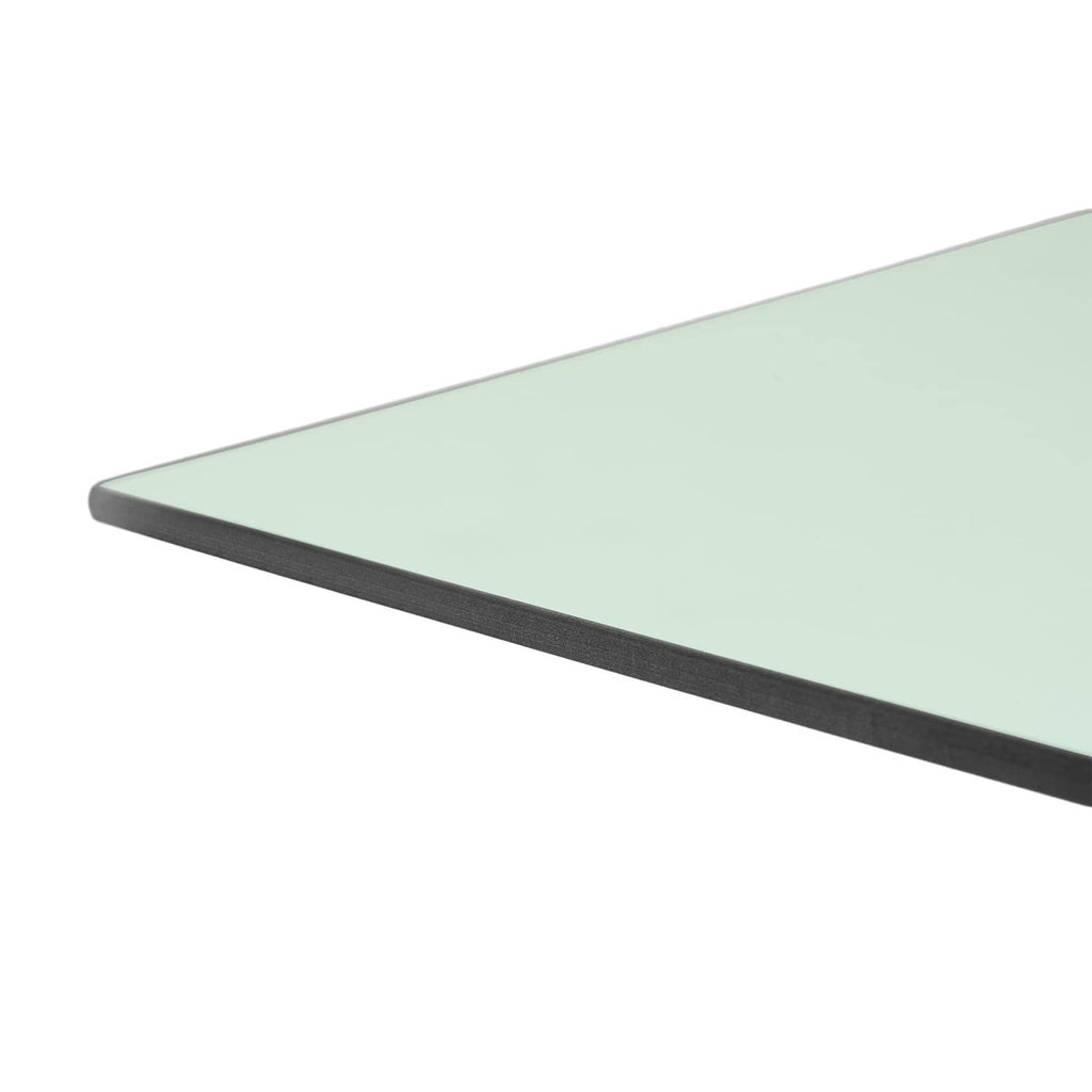Tinted side glass window with dark rubber edge trim along the bottom