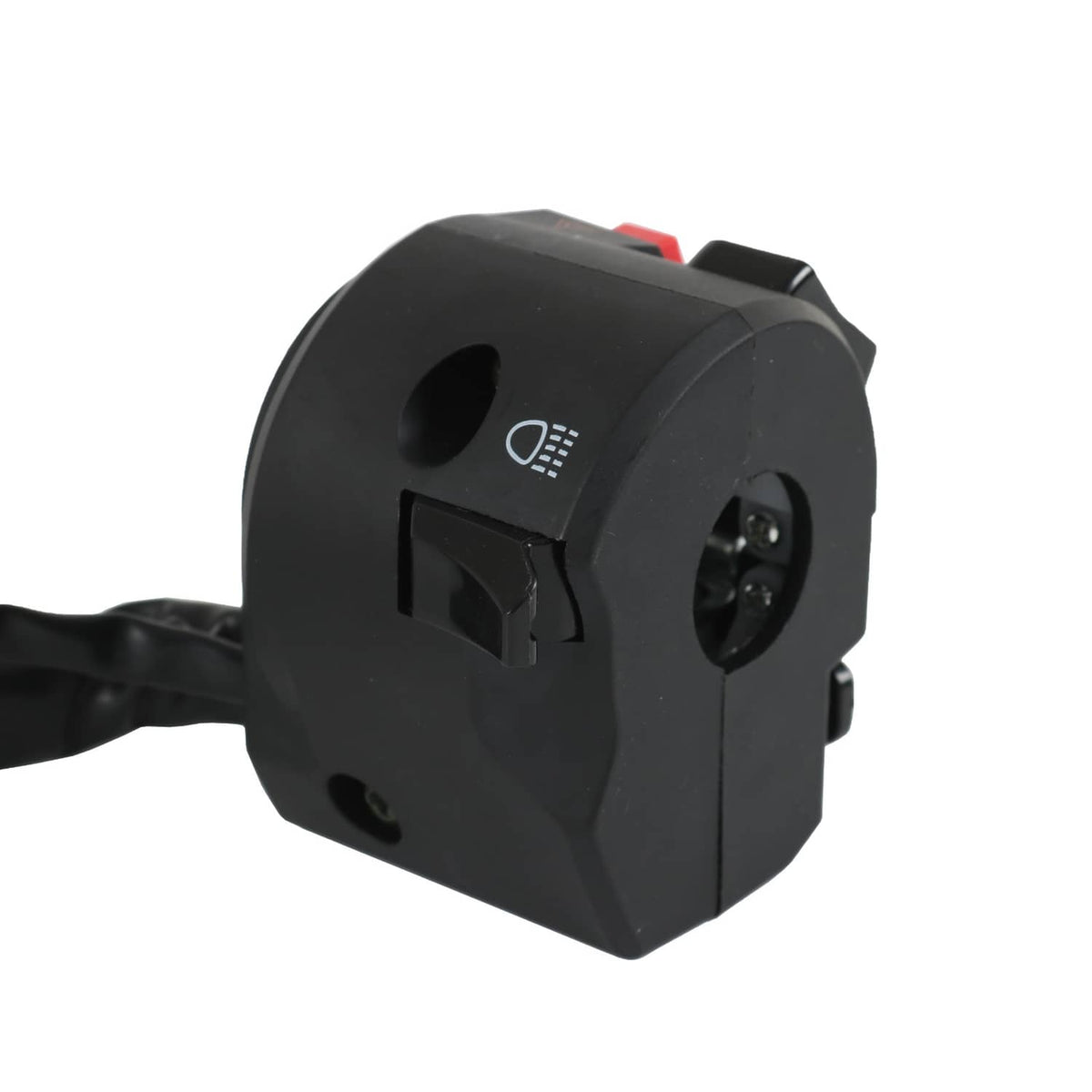 Motorcycle handlebar horn and light control switch with black housing and red button