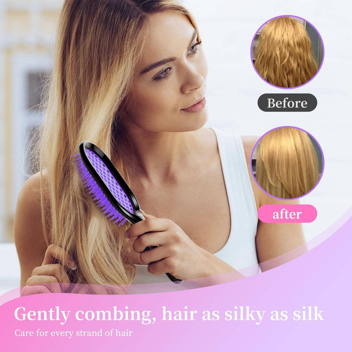Pink vented detangling hair brush in hand on long blonde hair