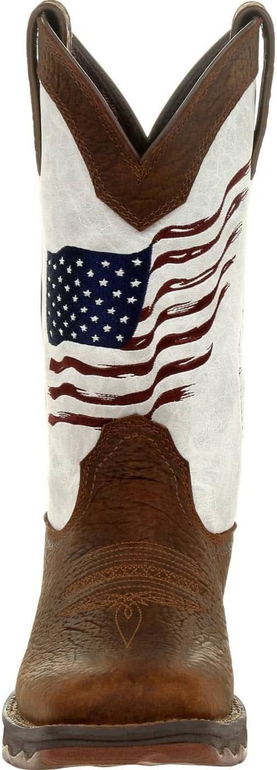 Women’s western boot with distressed U.S. flag embroidery on the shaft and brown toe.